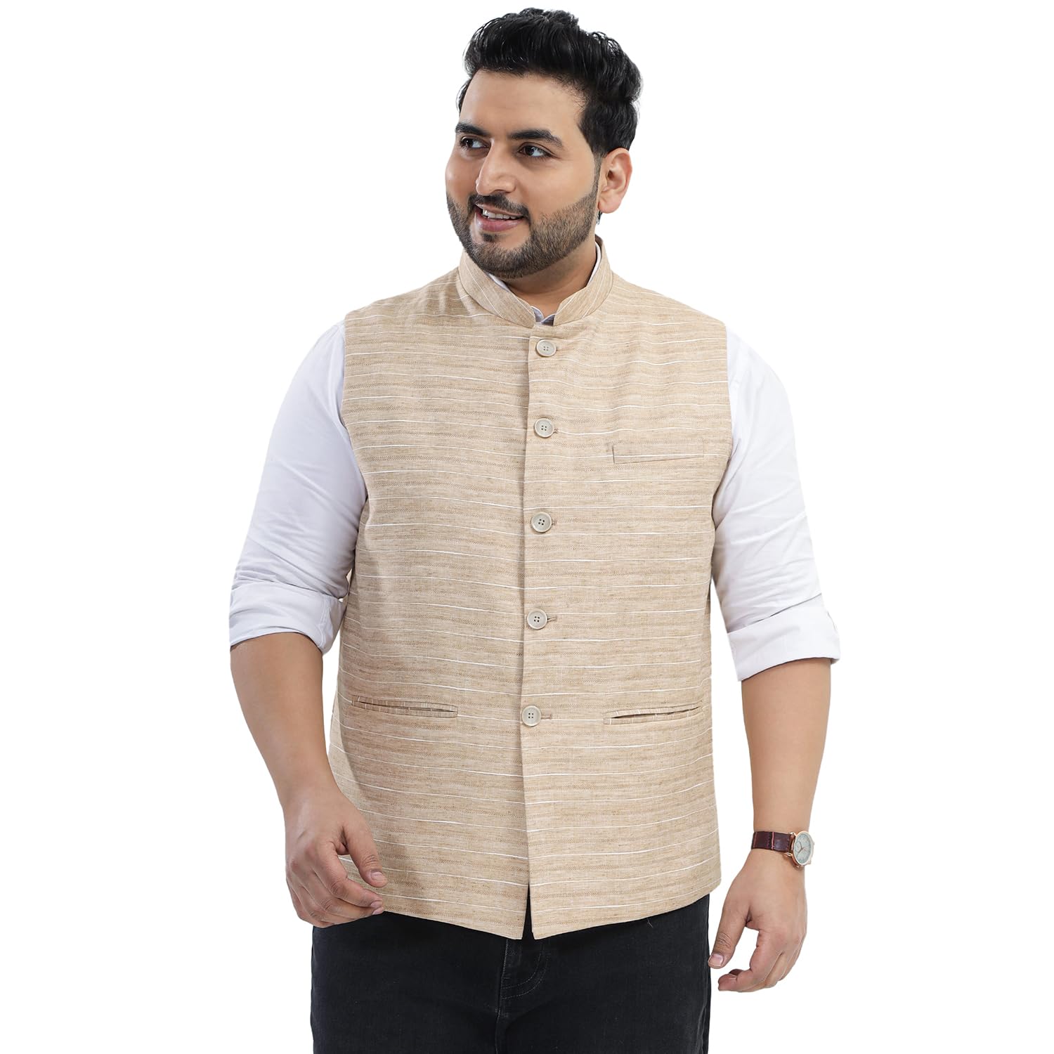 john pride Plus Size Men Regular Fit Striped Cotton Blend Bige Nehru Jacket (JPNJ7533_Bige)-picture-32