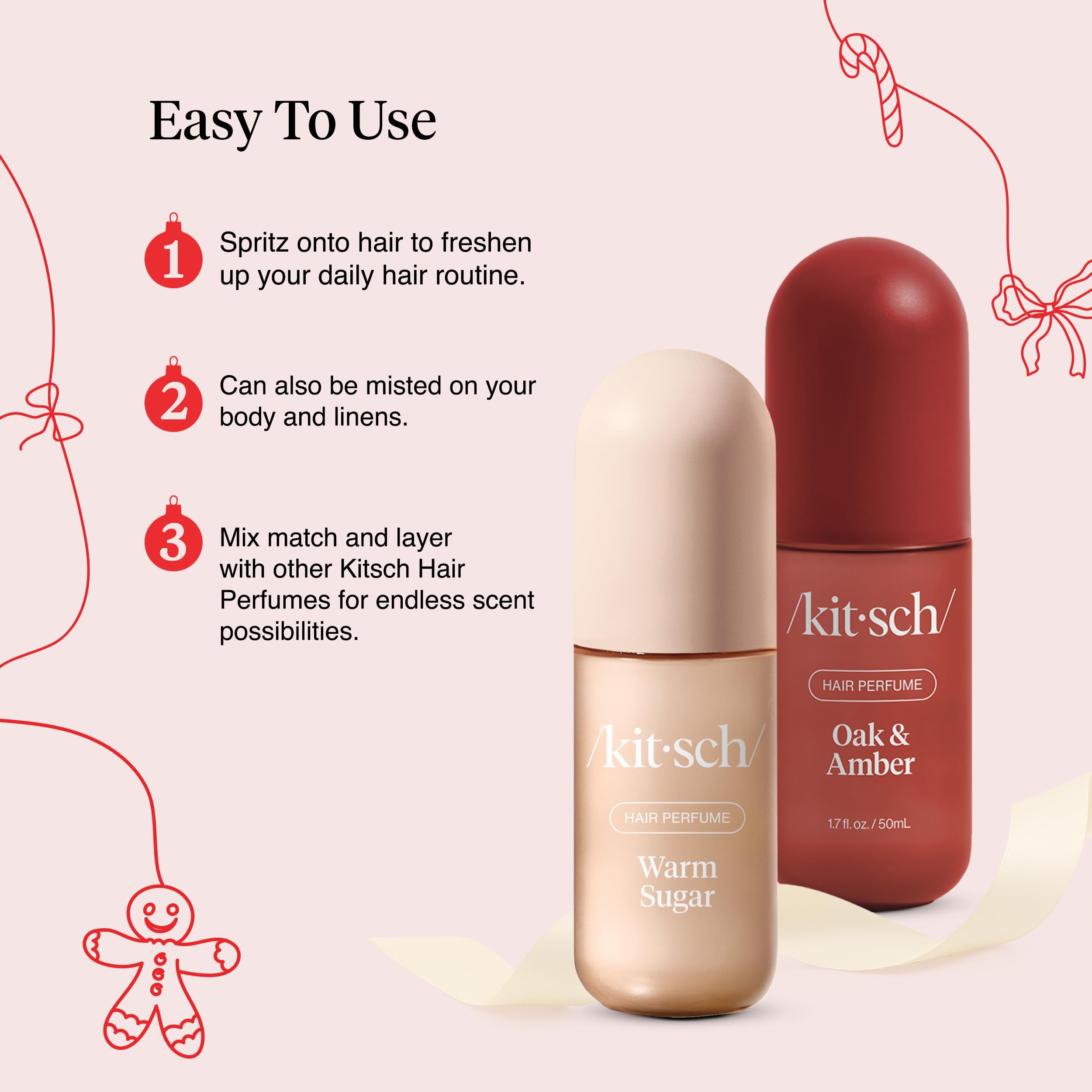 Kitsch Hair Perfume for Women- Warm Sugar and Oak & Amber | Clean, Deodorizing & Patented Odor-Eliminating Technology Hair Spray & Body Mist- Freshen Hair, Pillows | Ideal Gifts for Women - 50mL, 2pcs