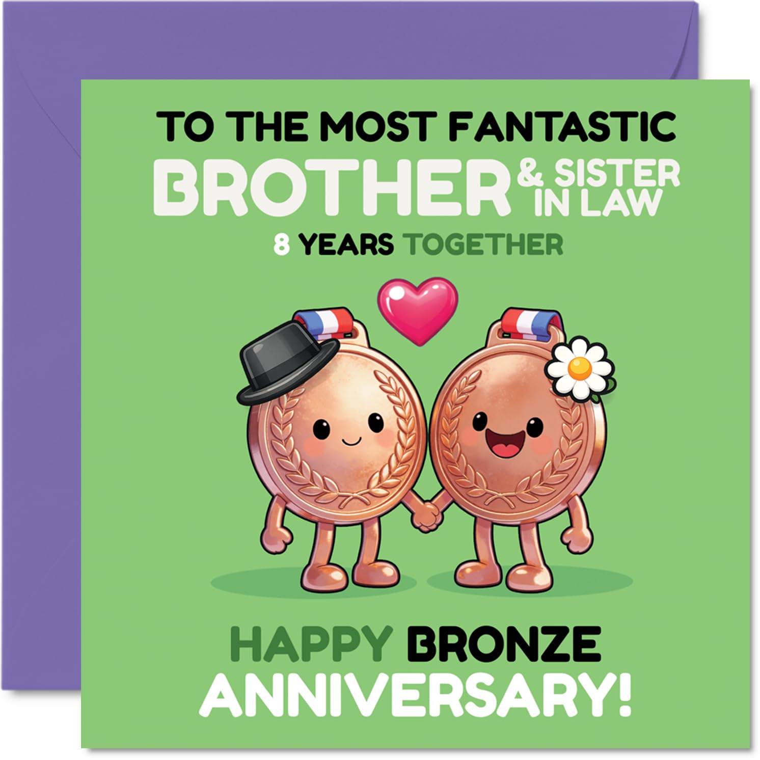 Playful 8th Anniversary Card for Brother & Sister in Law - Celebrating Eight Years with a Smile - Cartoon Medal Couple and Heart Design - 145mm Square, Envelope Included