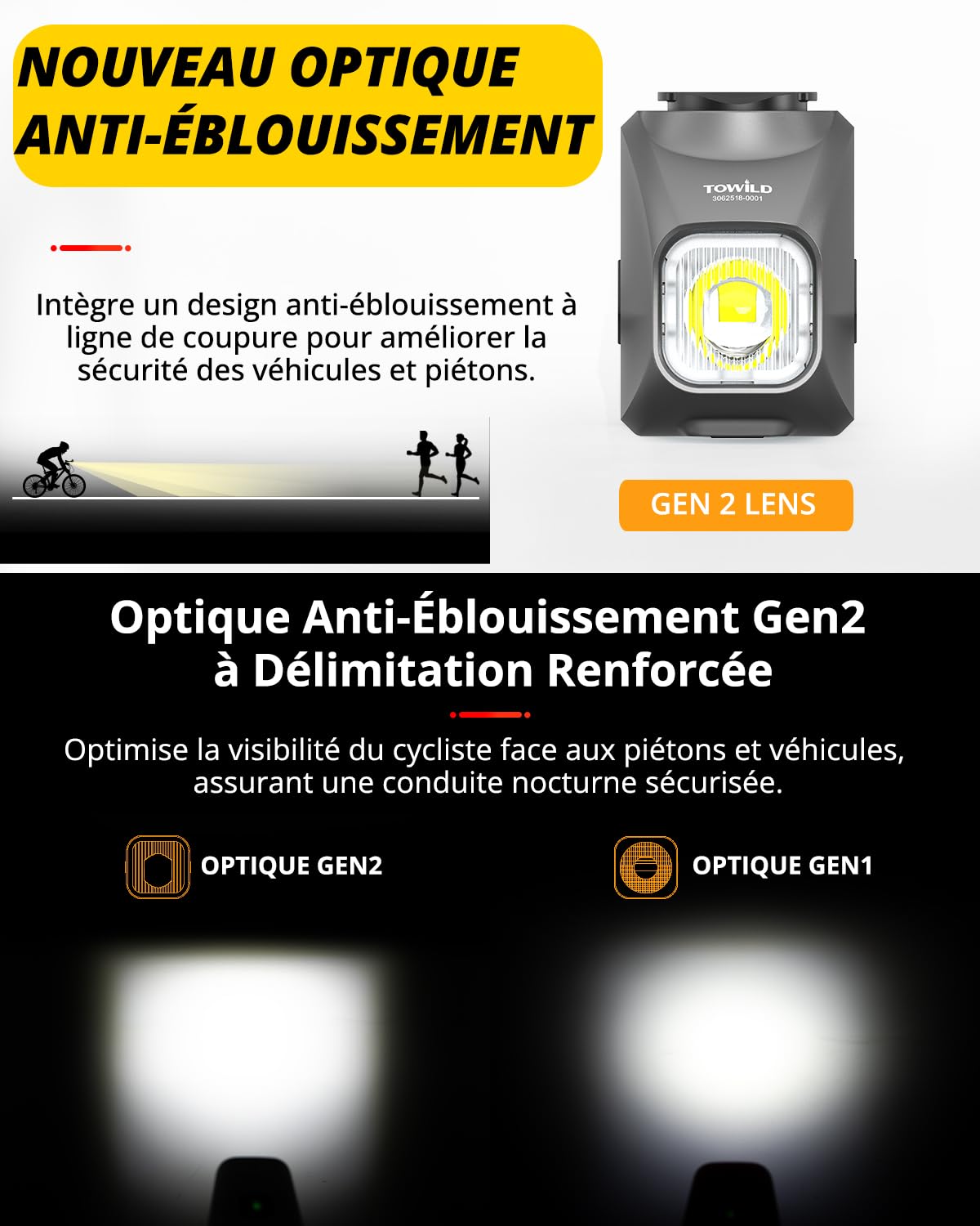 TOWILD DL1200S Lumière Vélo avec Télécommande, Lampe Vélo LED Suspendue 1200 Lumens, Rechargeable USB-C 3200mAh, Anti-éblouissement pour Vélo de Route et VTT, Phare Avant IPX6 éclairage Avant Vélo