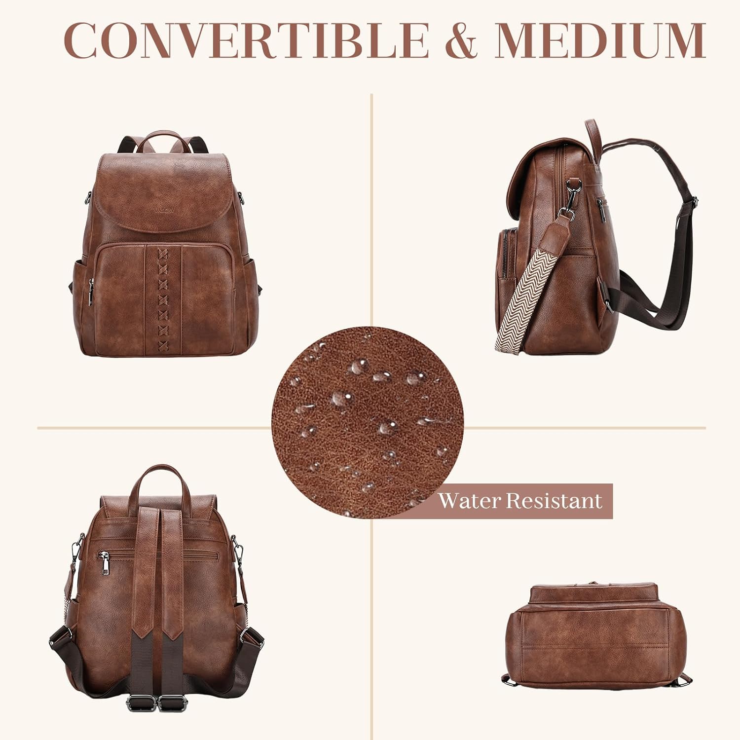 VASCHY Backpack Purse for Women, Fashion Cute Vegan Leather Flap Backpack Convertible Handbag for Ladies with Guitar Strap Brown - Image 6