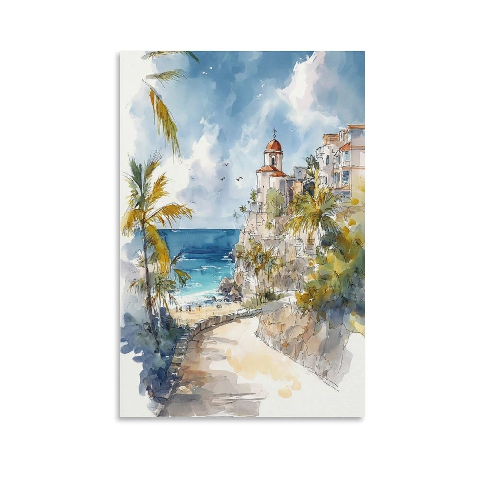 XWYMXZ Cozumel Watercolor Painting Coastal Posters 24x36inch(60x90cm) Vintage Watercolor Canvas Art