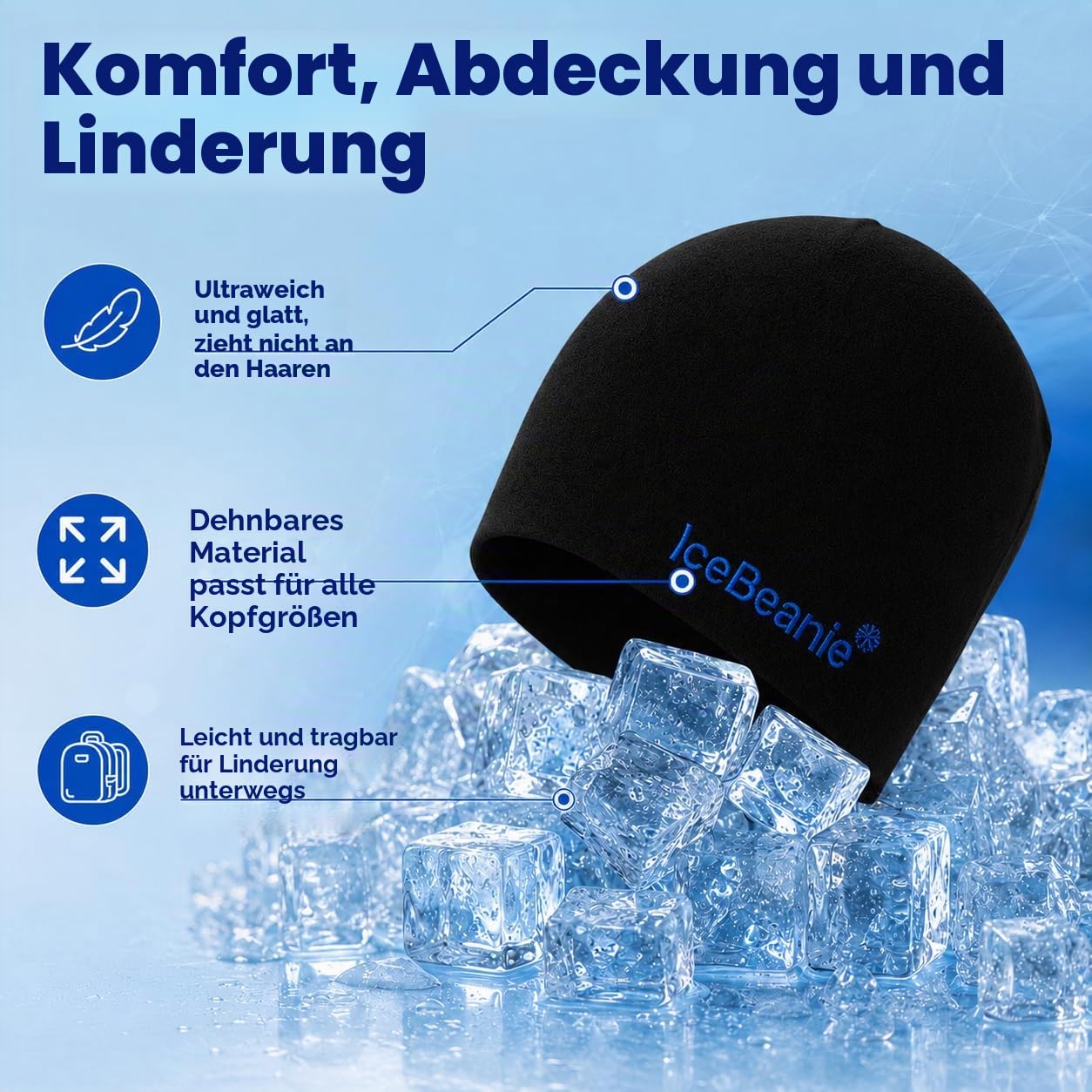 ICE BEANIE Migräne Kopfschmerzen Relief Cap, Hot & Cold Therapy Head Wrap, Schwarz, Gel, One Size, Therapeutic