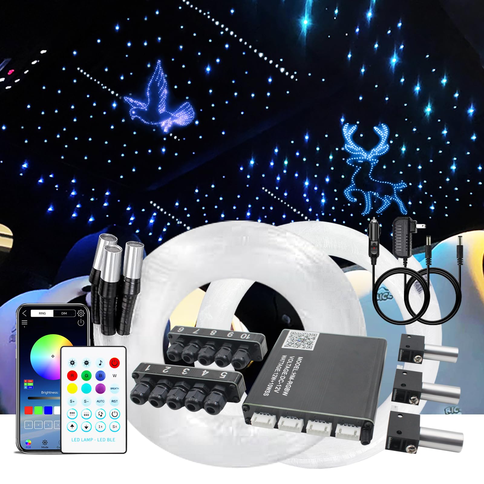 Split Starlight Headliner Kit with Meteor &amp; Music Effect, 22W 3+10 Holes RGBW 1050pcs 0.02in x 4.9ft Fiber Optic Lights Kit, Star Light Headliner Kit for Car Truck Jeep, App &amp; Remote