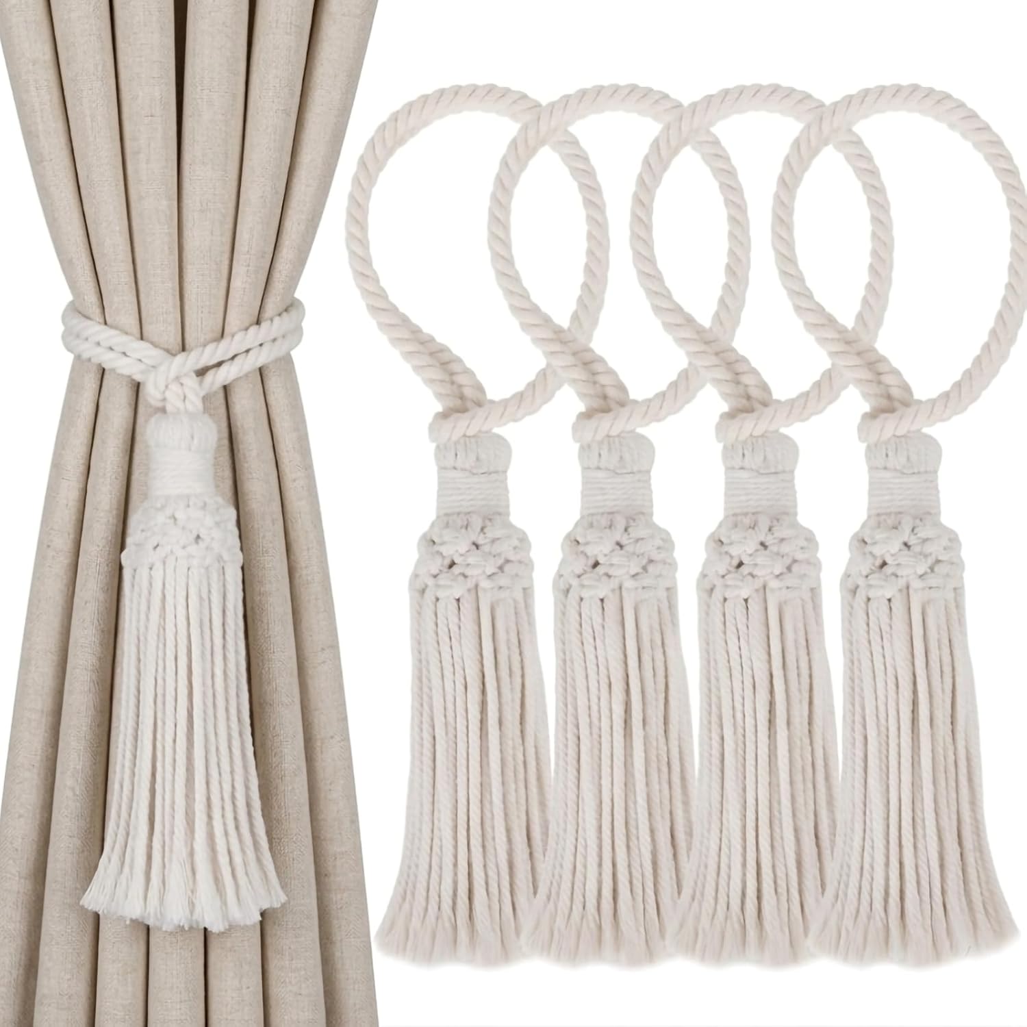 4 Pcs Boho Curtain Tiebacks - Handwoven Tassel Curtain Tie Backs, Outdoor Decorative Curtain Holdback, No Drill Curtain Holder for Indoor & Outdoor Decor