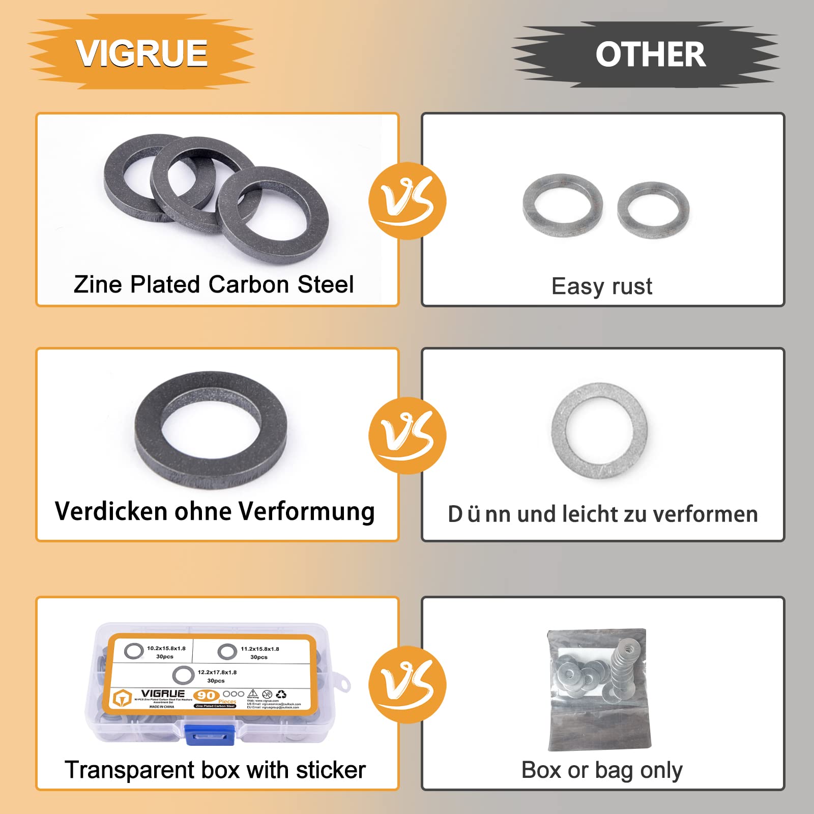 VIGRUE Pack of 90 Fitting Rings Galvanised Steel Mixed Assortment Diameter 10.2/11.2/12.2 mm Door Washers Set Washers in Assortment Box - Image 2