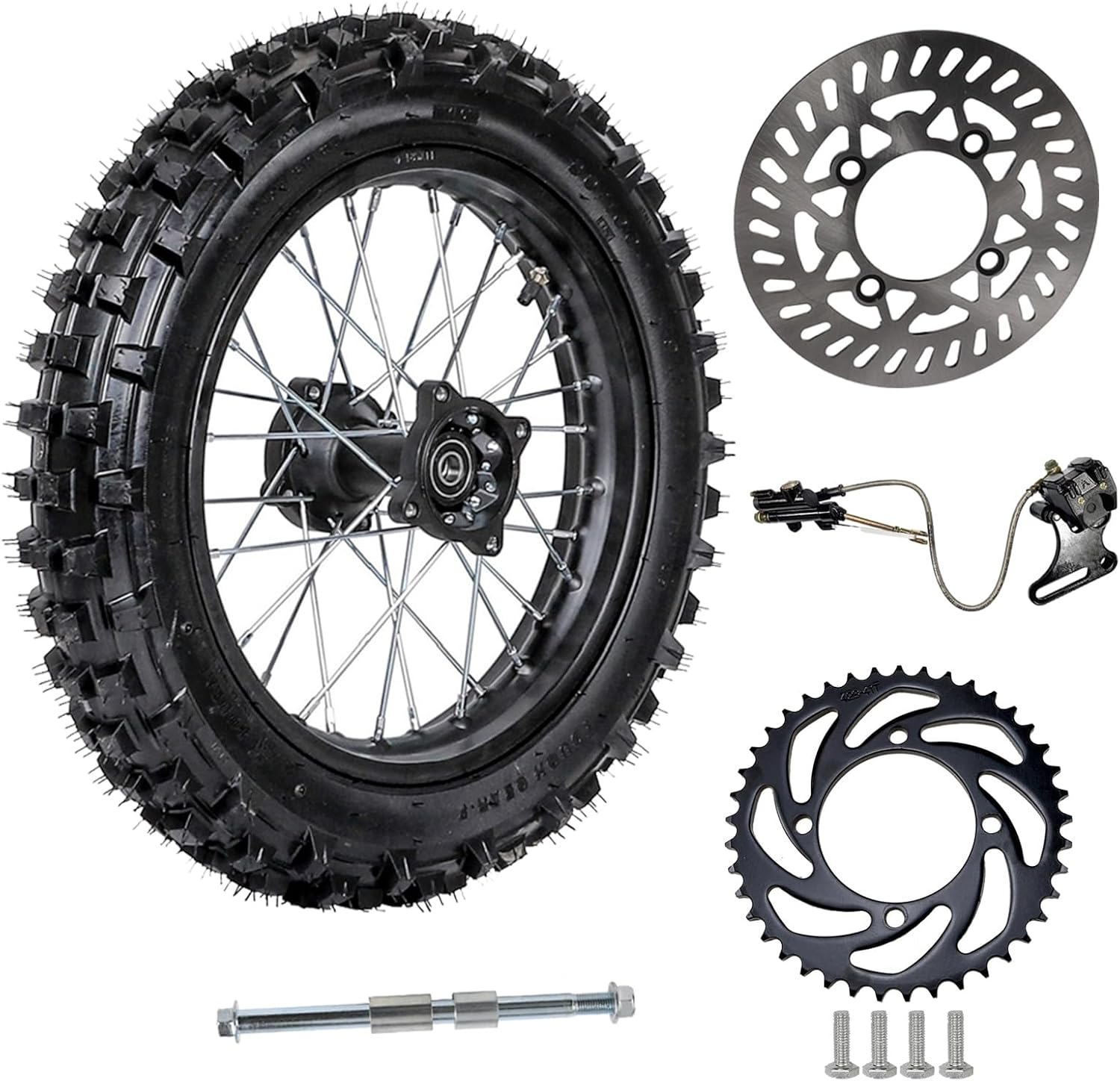 14" Dirt Bike Rear Wheel Kit – 90/100-14 Tire 1.85x14 Rim, Brake Rotor, 41T 420 Rear Chain Sprocket, Brake Caliper, 15mm Wheel Rim Axle – for Pro Pit Trail Bike Off-Road Motorcycle Scooter Razor