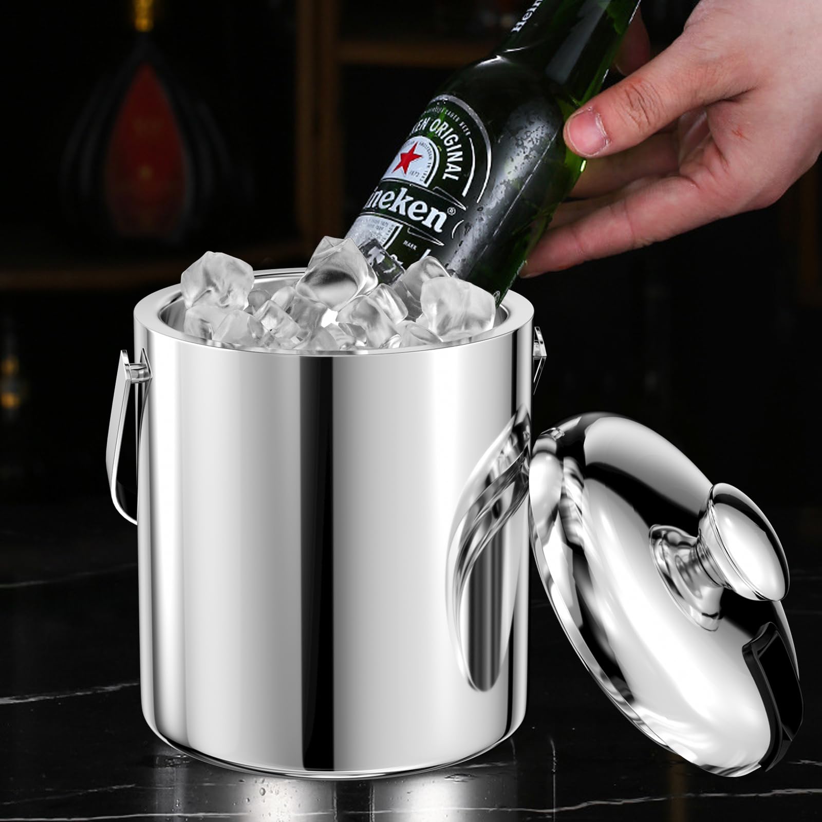1.3 L Secchiello Ghiaccio in Acciaio Inox, Secchiello per Ghiaccio con Coperchio, Pinze e Colino, Portaghiaccio, LCE Bucke, Contenitore del Cubetto di Ghiaccio, per Cocktail Bar, Feste