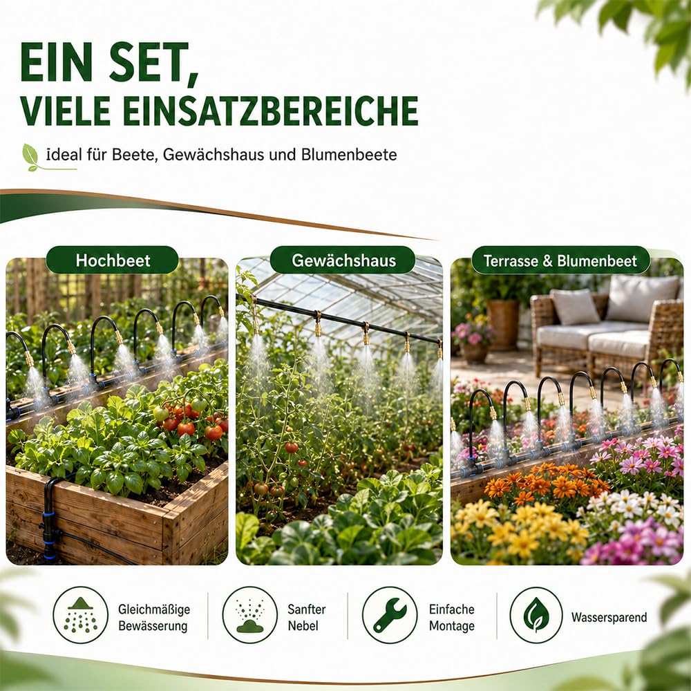 LIGBT Sistema di irrigazione automatico da giardino, 15 m, 360°, set completo con 15 ugelli di spruzzo regolabili, nebbia e irrigazione a goccia, per balconi, serre, aiuole rialzate, piante in vaso e