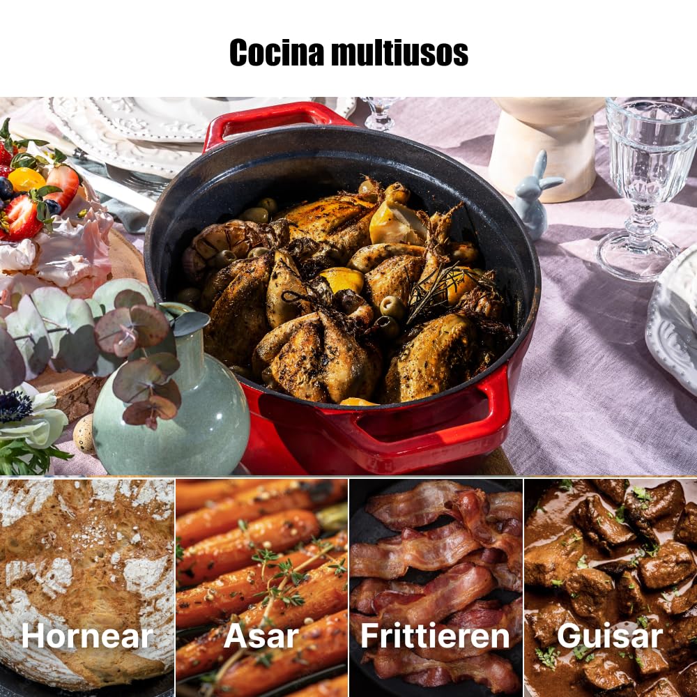 Cazuela de hierro fundido esmaltado con tapa y asas anchas - Cacerola ovalada de diseño elegante para preparar las más deliciosas avenas, sopas, salsas y guisos - Capacidad de 5,6L, Azul