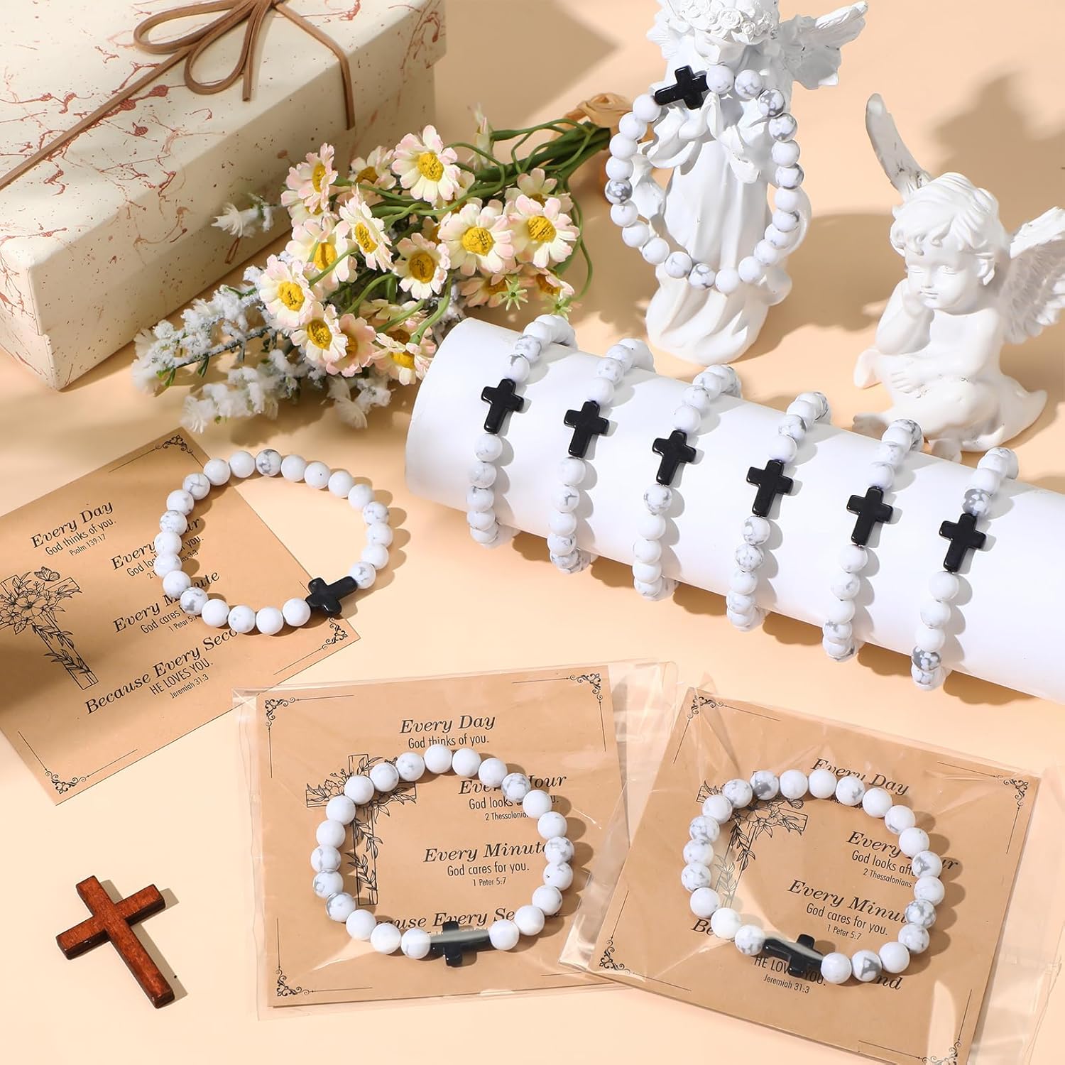 Highergo 12 Sets Fathers Day Christian Cross Beaded Bracelets Bulk for Men Natural Stone Religious Bracelet Church Fathers Gift