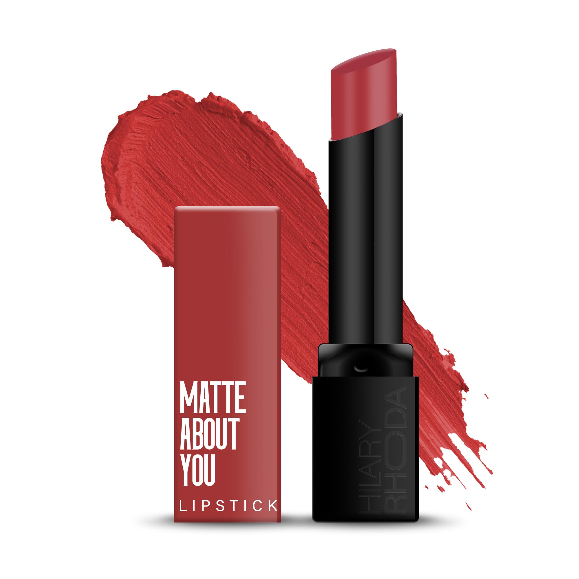 Hilary Rhoda Matte About You Lipstick | Long Lasting & Highly Pigmented Lipstick | Glides Smoothly | Matte Finish | One Stroke Application | Cruelty-Free & Vegan - 3g (Scarlet Red - Shade 08)