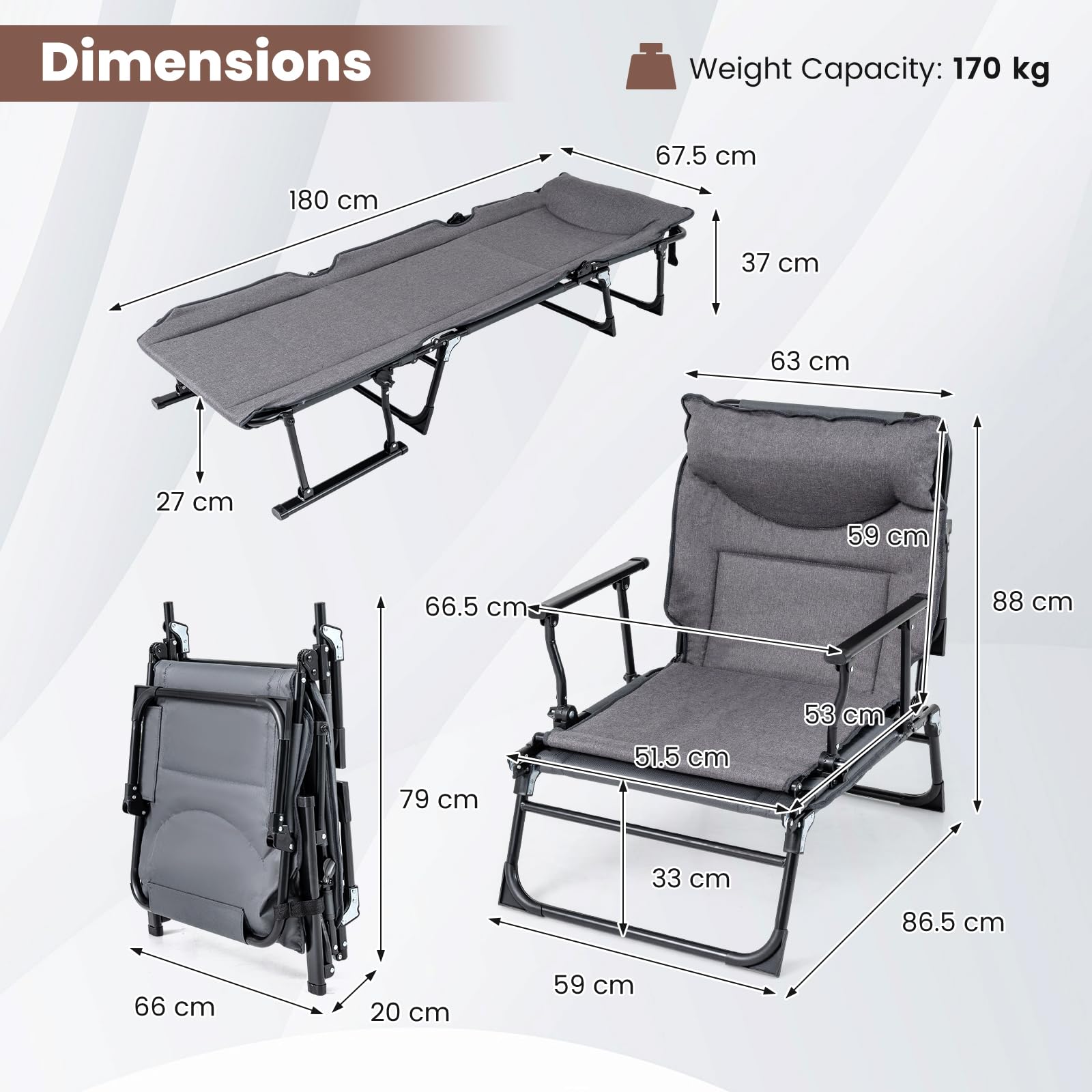 KOMFOTTEU 3-in-1 Campingbett, zusammenklappbar, Einzelbett, Liegesessel mit 6-fach verstellbarer Rückenlehne, Kopfstütze und Kissen, gepolsterte Sonnenliege für den Garten
