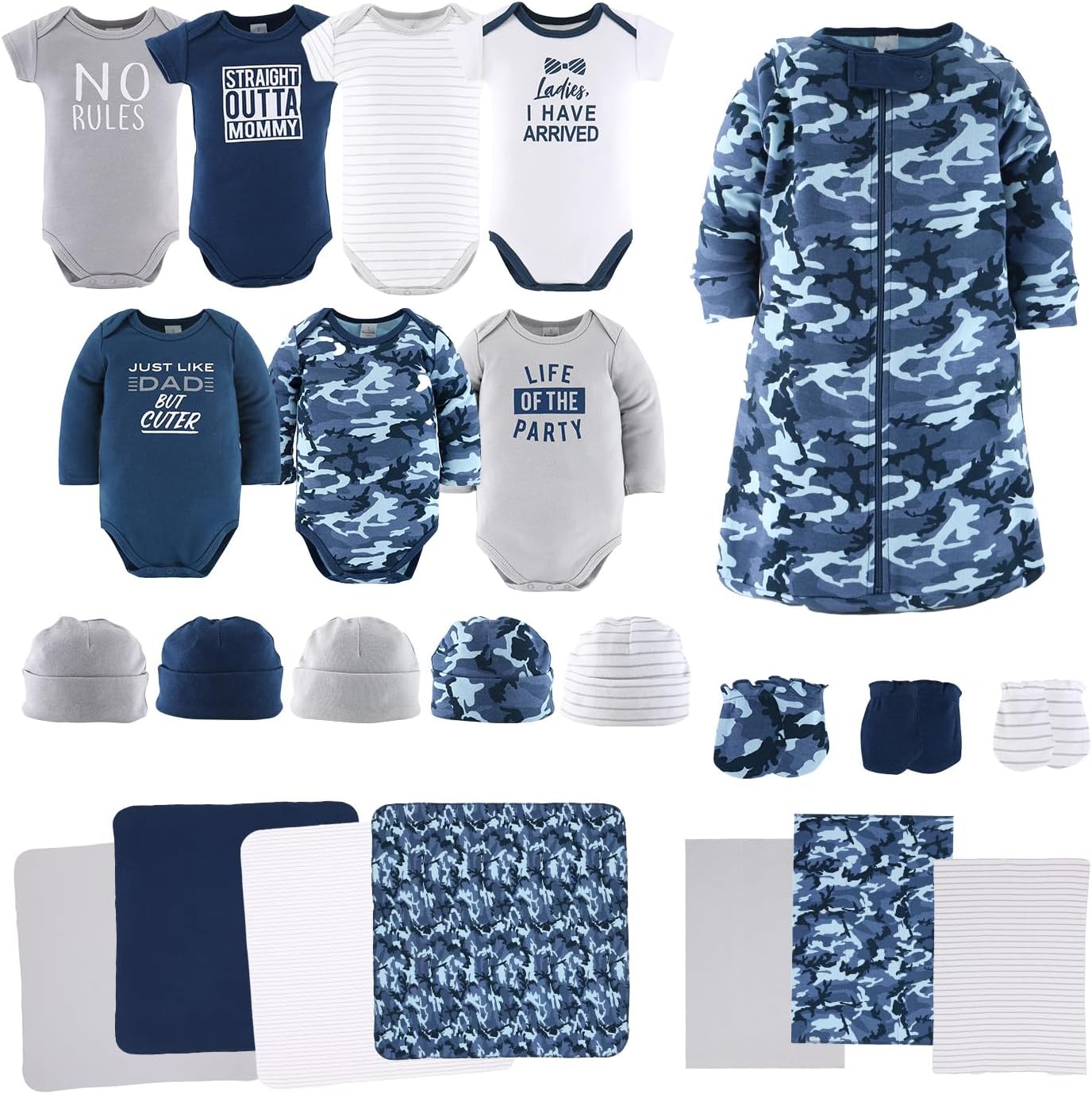 The Peanutshell Baby Layette Gift Set for Boys - 23 Piece New Born Boy Gift Set, Baby Clothes & Newborn Essentials Must Haves - Newborn Clothes 0-3 Months - Blue Camo