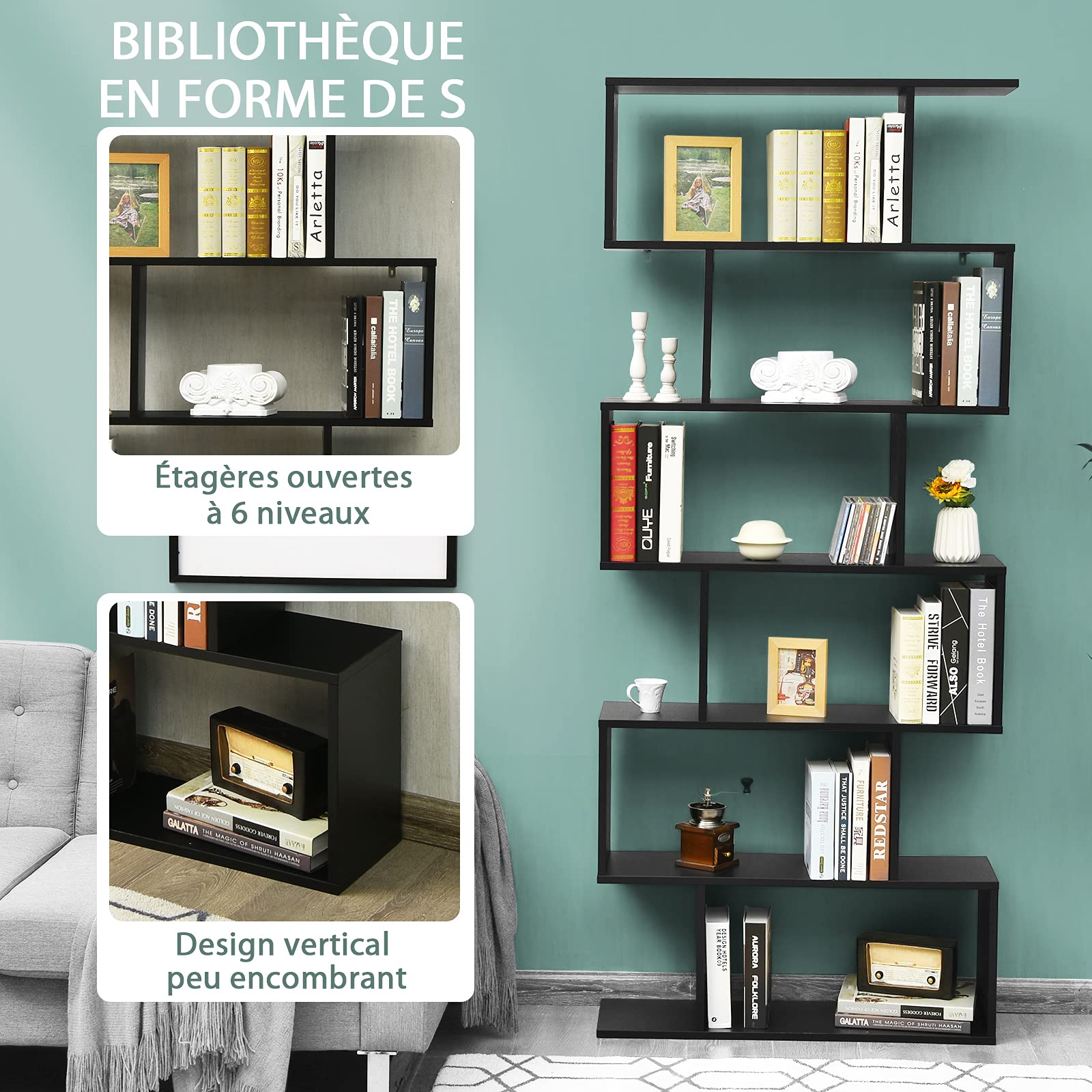 COSTWAY Bibliothèque en Forme de S, Étagère à 6 Niveaux (Noir)