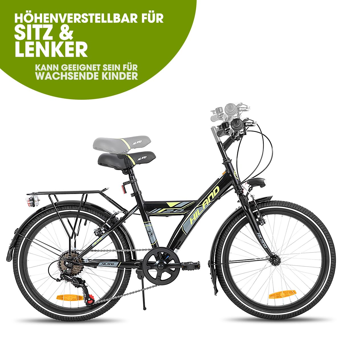 HILAND 20 Zoll Kinderfahrrad Mountainbike, MTB für Kinder Jungen Mädchen mit 6 Gang Schaltung, Ständer, Schwarz Fahrrad