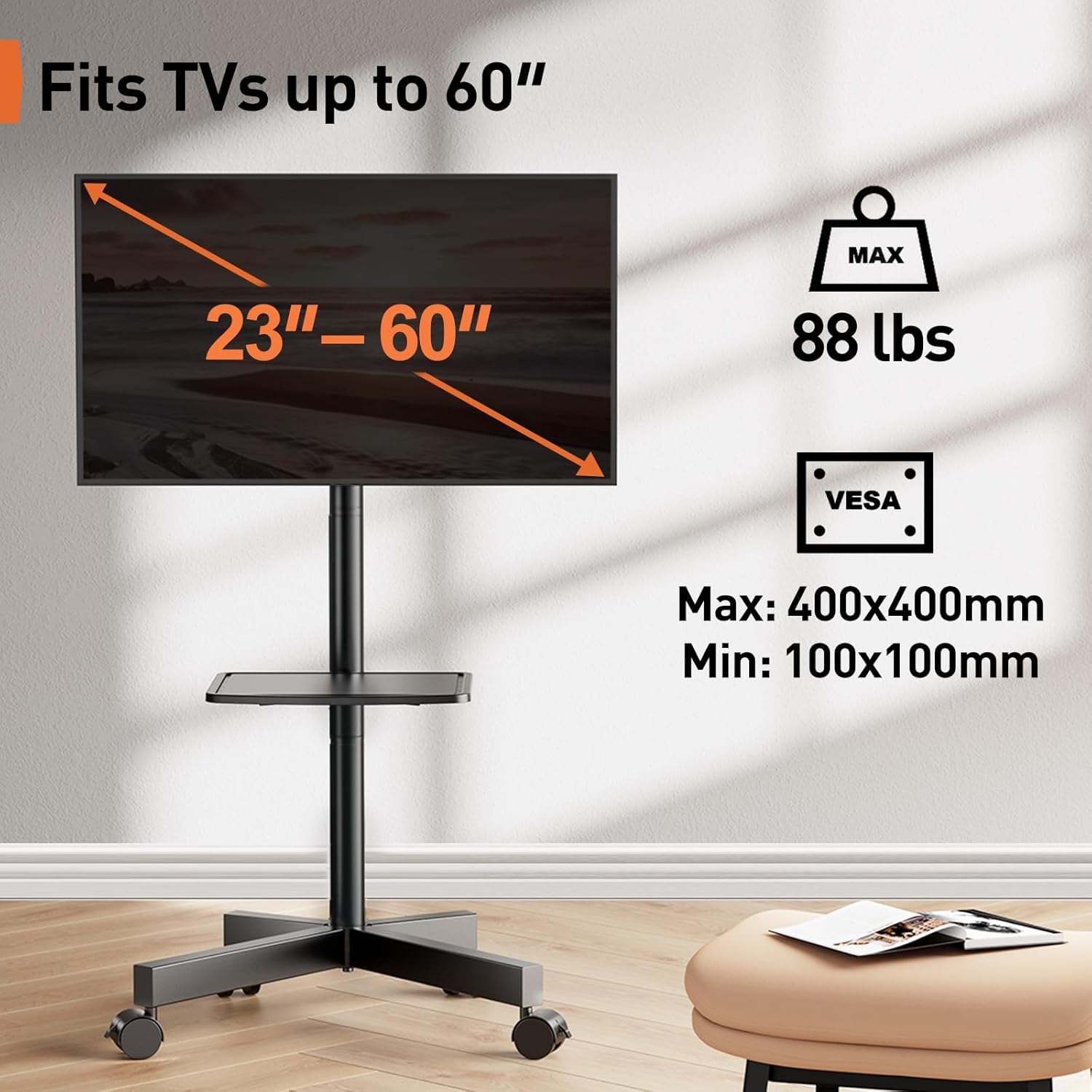 PERLEGEAR Supporto TV da Pavimento con Ruote per Schermi Plasma/LCD/LED 23-60 Pollici, Inclinabile Porta TV da Terra Mobile con Ripiano Multimediale, Supporto TV Fino a 25 kg, Max VESA 400 x 400 mm
