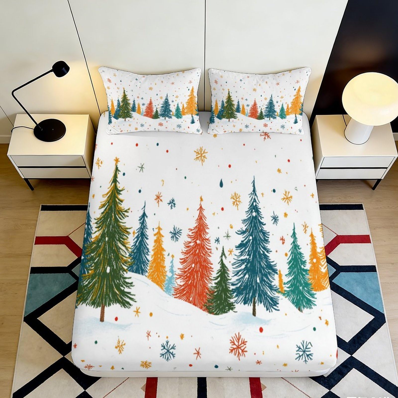 3D Printed Snowy Pine Forest Fitted Sheet Microfiber Soft Breathable Christmas Tree Bed Cover for Bedroom Guest Room 90x200x25cm