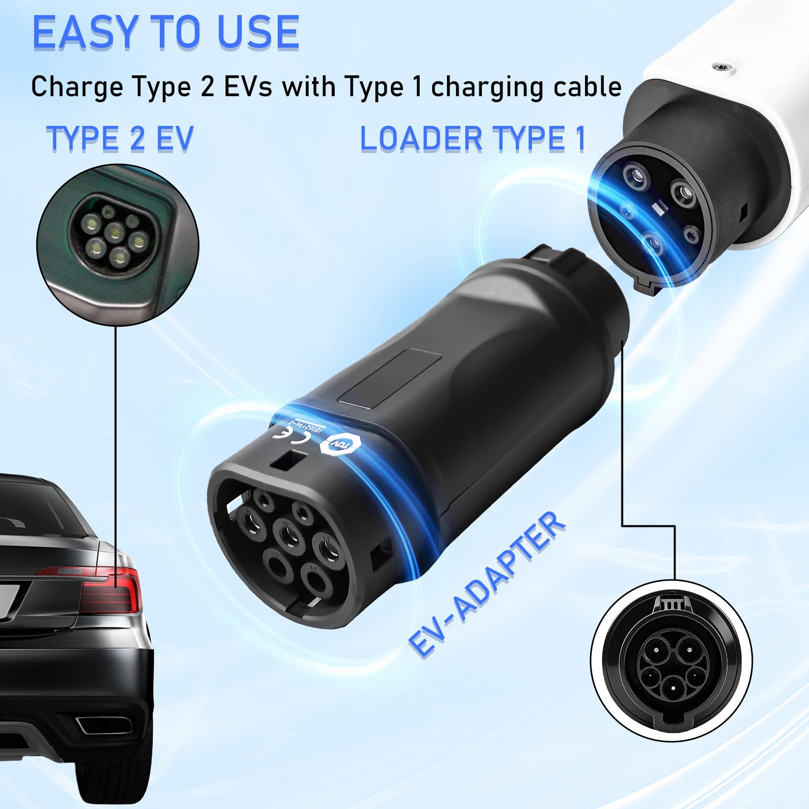 Leikurvo Adapter Typ 1 na Typ 2 EV, Adapter Typ1 (SAE J1772) wtyczka na Typ2 (IEC 62196) gniazdo 32A/16A EV Adapter ładujący Konwerter Adapter kabel ładujący Adapter gniazdo ładowania dla Typ2