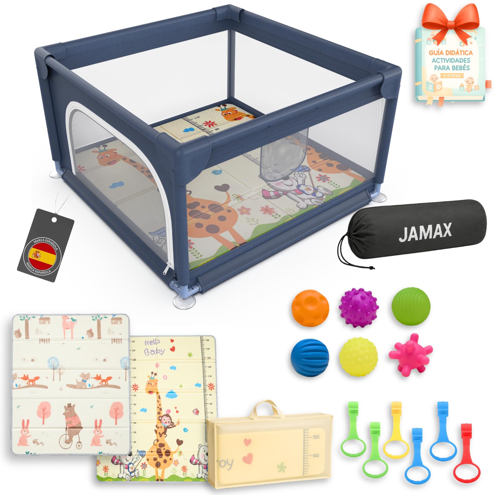 JAMAX Children's Playpen 120 x 120 cm | Baby Playpen | Reversible Padded Mat 1.5 cm Thick + 6 Sensory Balls + 6 Handles + Carry Bag