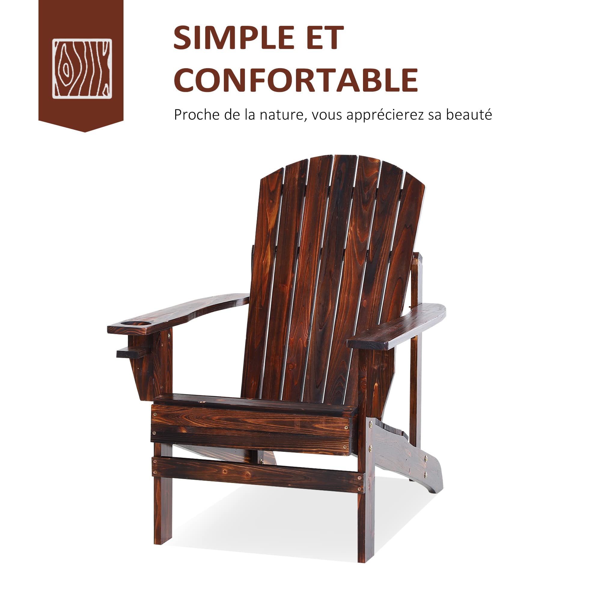 Outsunny Fauteuil de Jardin Adirondack Grand Confort Porte-gobelet intégré Bois de Sapin traité Peint Marron