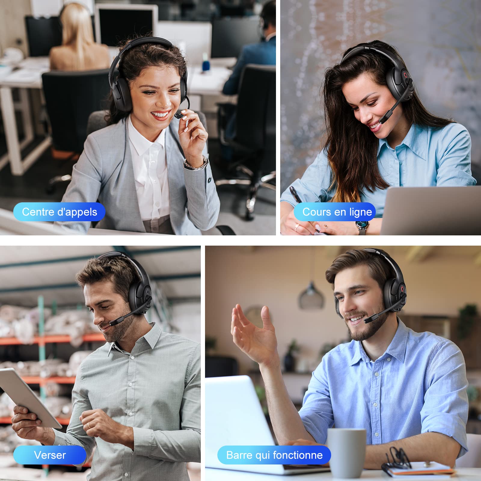 EKSA H6 Casque sans Fil avec Microphone et dongle USB [jusqu'à 55 Heures et portée de 10 mètres] Casque d'ordinateur Bluetooth avec Microphone antibruit AI, Casque Supra-auriculaire pour Entreprise