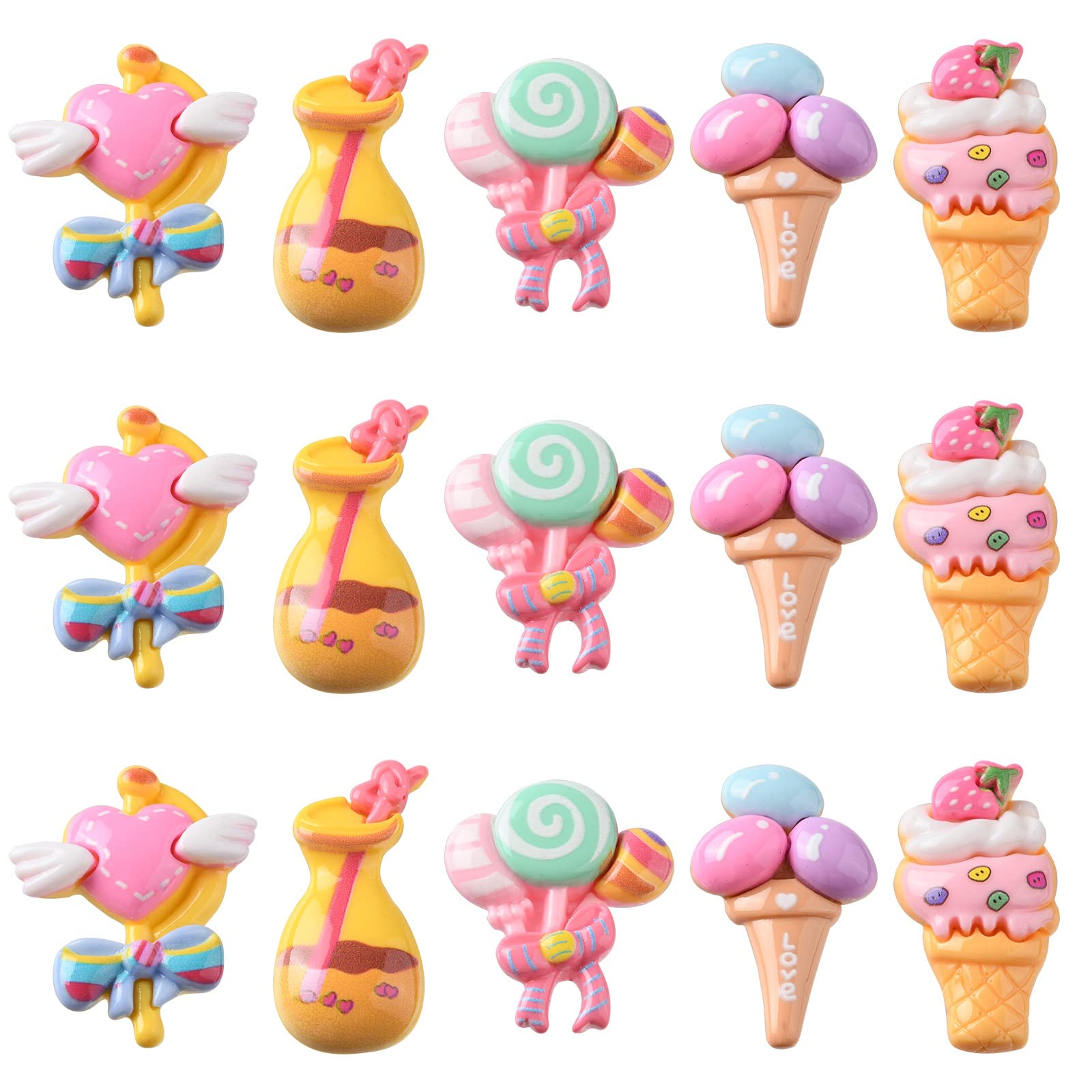 LiQunSweet 40 Pcs 5 Styles Imitation Food Flatback Beads Heart Bottle Ice Cream Candy Lollipop Dessert Beads for DIY Craft Making and Ornament