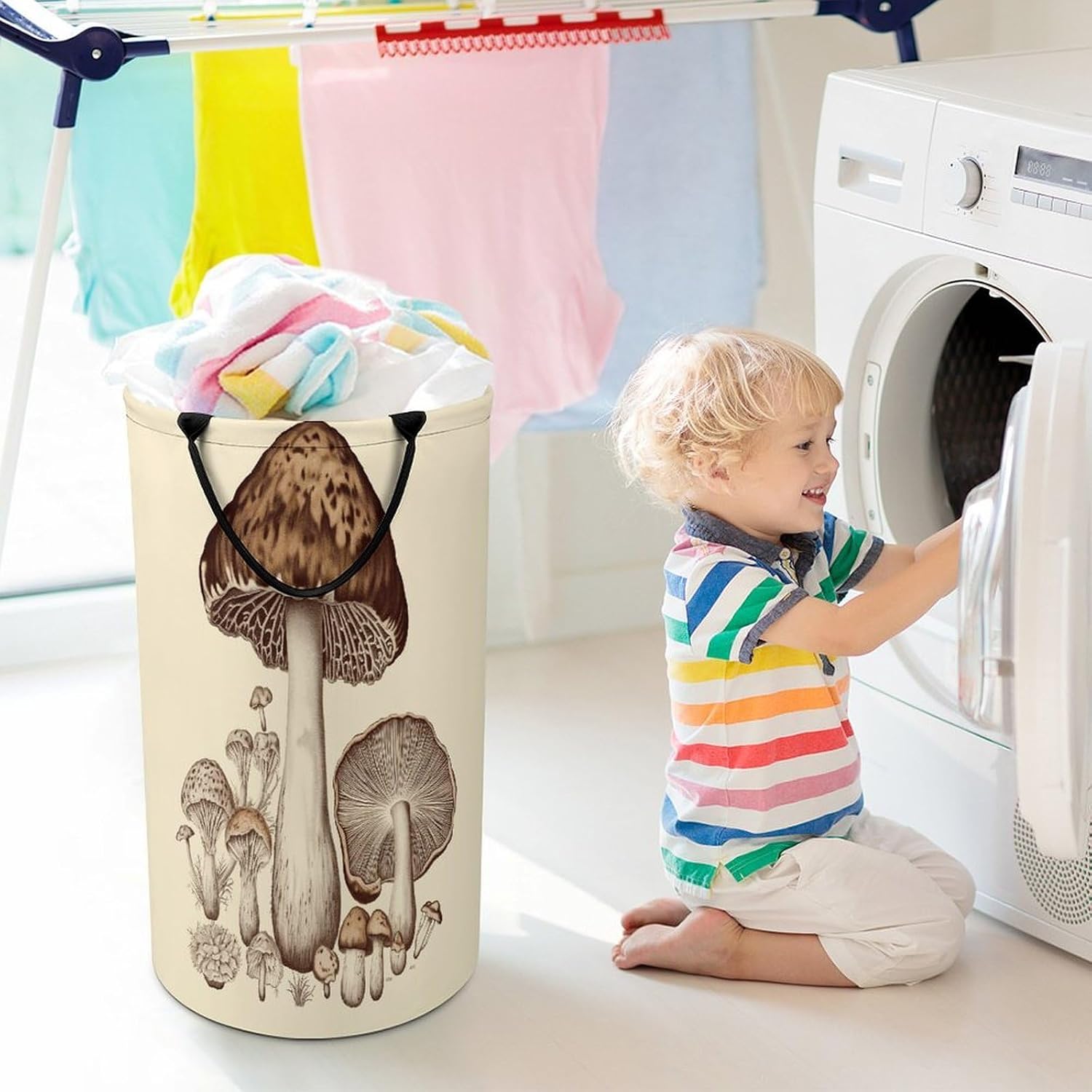 Vintage Mushrooms Drawing Laundry Basket 86L Laundry Hamper | Collapsible Clothes Hamper with Reinforced Handles Waterproof Tall Foldable Dirty Clothes Basket for Hotel, Home, Closet