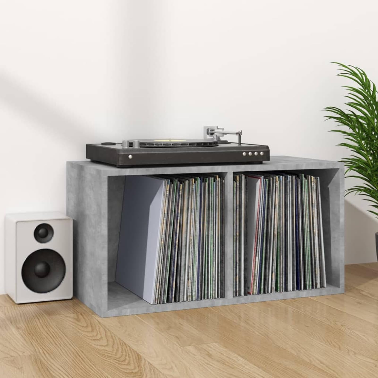 Gecheer Contenitore per Vinili, Organizer per Dischi LP con 2 Scomparti, Dimensioni 71x34x36 cm, in Legno Multistrato, Grigio Cemento, per Collezione Musicale, Ufficio, Studio e Camera da Letto