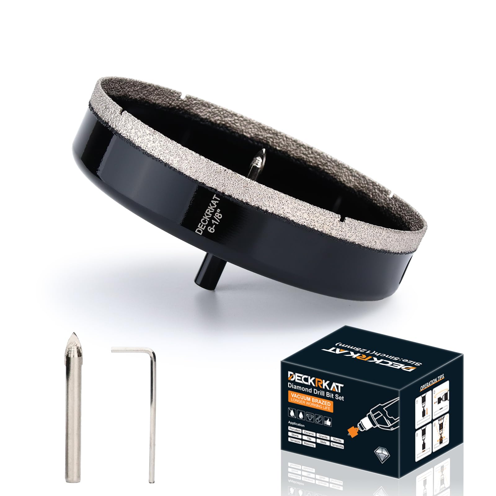 DECKRKAT 6-1/8"Diamond Hole-Saw Bits with Pilot Drill Bit - 6-1/8"Diamond Tipped Tile Hole Saws with Guiding Bit Accurate Drilling for Porcelain Tile Ceramic Pottery Granite Stone Glass Bottles 156mm