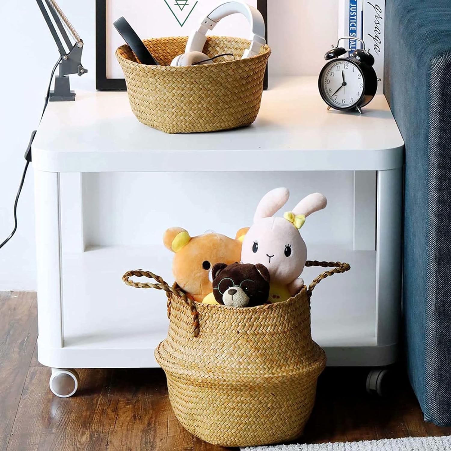 Natural Seagrass Plant Basket with Handles 2 Pack Handmade Woven Belly Basket Home Storage Laundry Picnic Plant Pot Cover Woven Straw Beach Bag for Succulents Flower Storage Basket(Large,Brown)