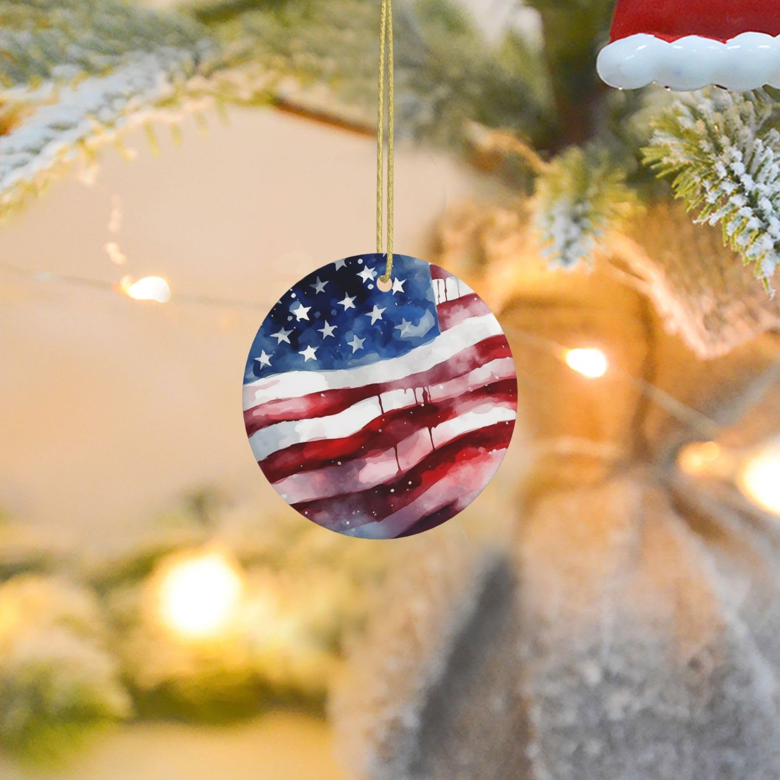 Christmas Tree Ornaments Ceramics Christmas Round Decorations Watercolor American Flag Ceramics Ornaments Circle Pentagram Xmas Tree Hanging Pendant for Christmas Tree Party Holiday Home Decor