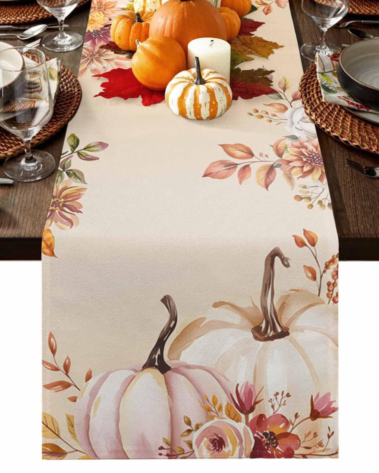 Fall Pumpkins Table Runner - 120 Inch Long, Pink Pumpkin Thanksgiving Dining Table Runner Dresser Scarves, Autumn Elegant Floral Botanical Decor for