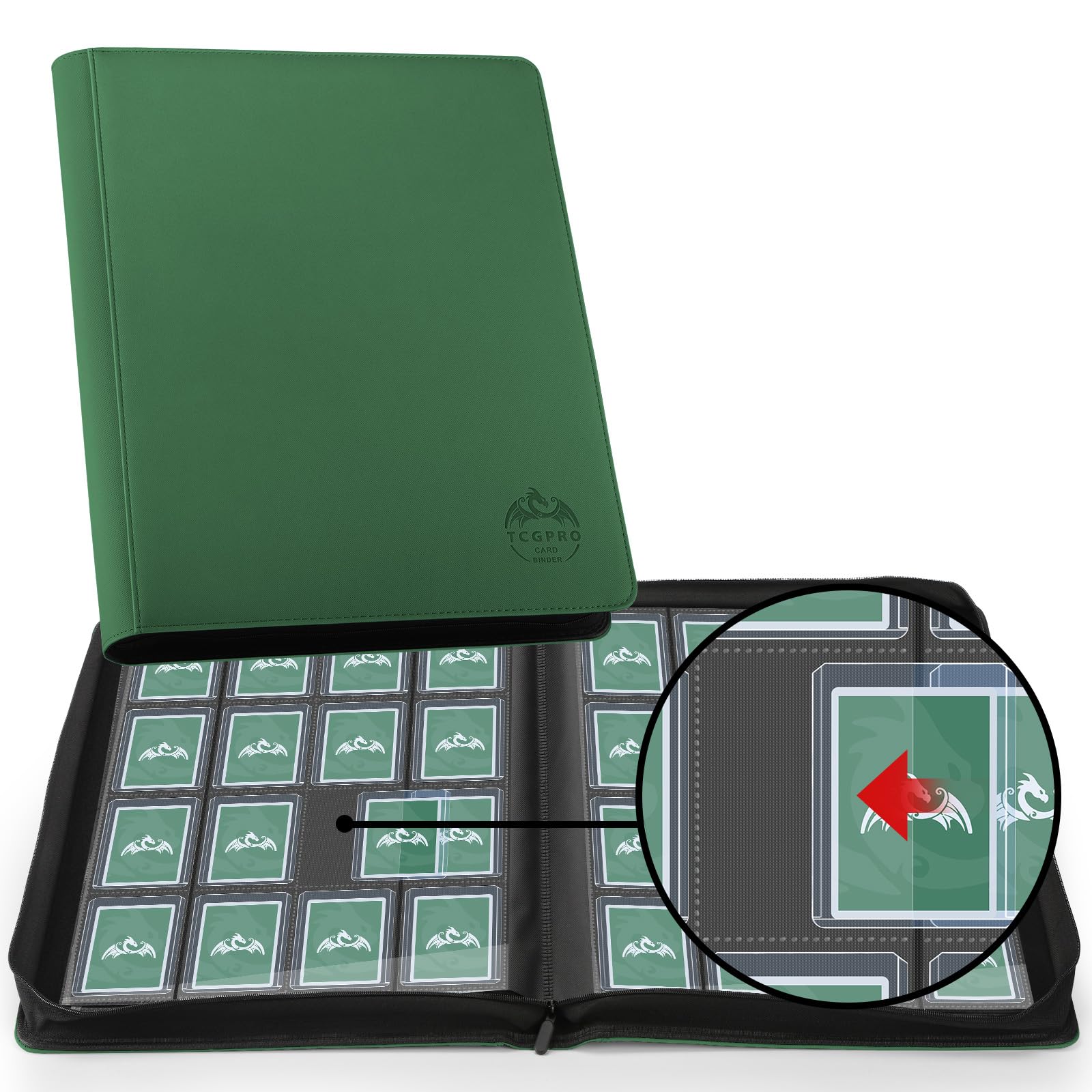 TCGPRO 16 Pocket Toploader Binder, for 640 3 x 4 Inch Trading Cards with Sleeves, Toploader Album 20 Double-Sided Pages, Compatible with Trading Card, Sports Cards etc. Dark Green