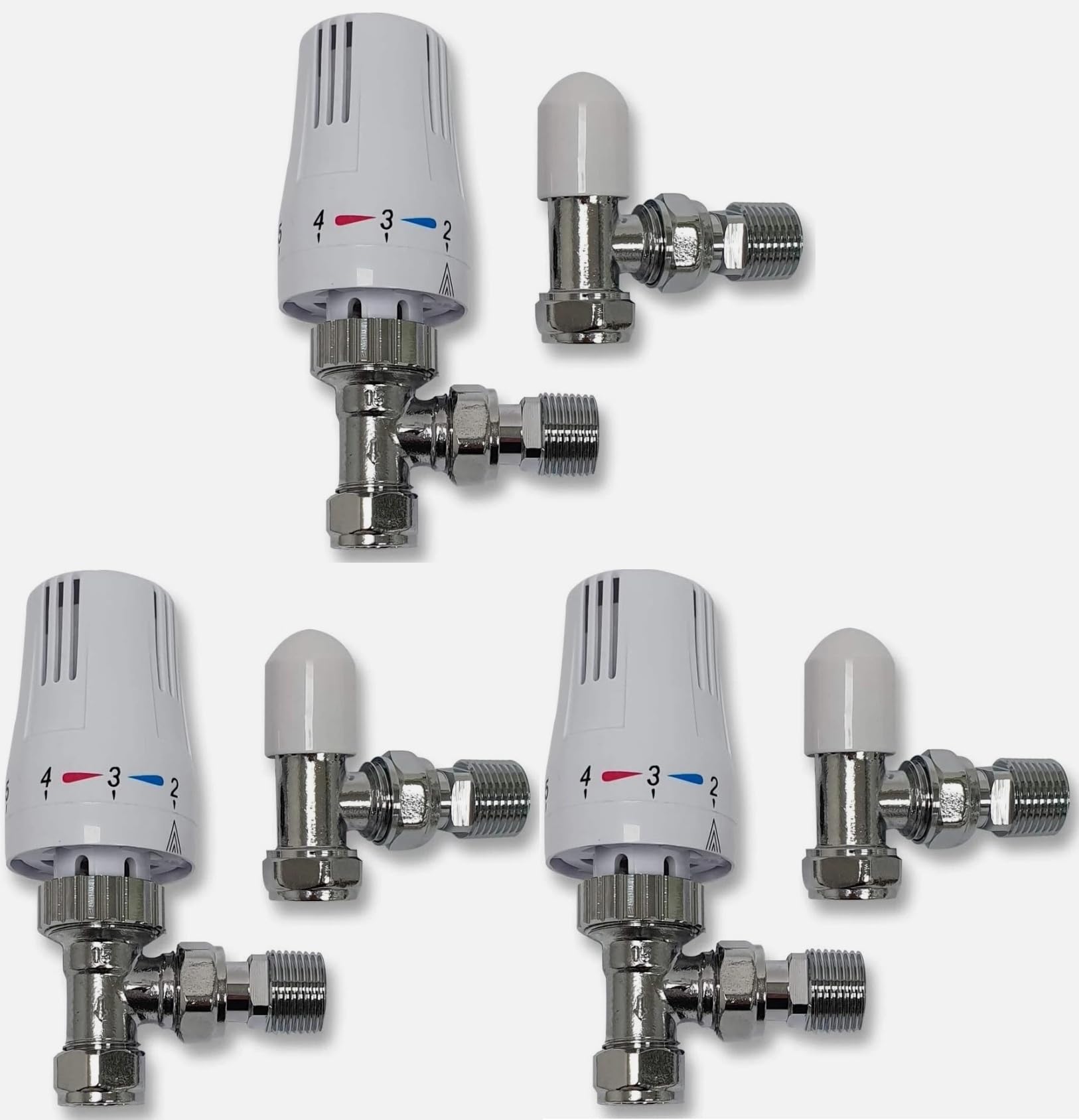 22.5 Team Controls Chrome / White Tc Thermostatic Radiator Valve Angled Trv And Lockshield, 15Mm X 1/2", Pack Of 3