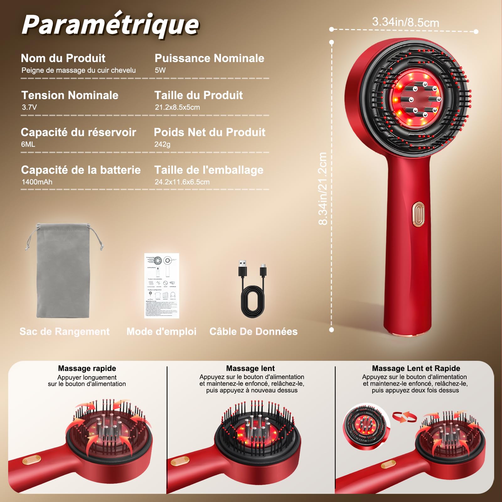 Brosse Massage Cuir Chevelu,Masseur Tete Cheveux,Masseur électrique du cuir chevelu,peigne électrique portable de massage du cuir chevelu et des cheveux,Pour les hommes et les femmes,Rouge