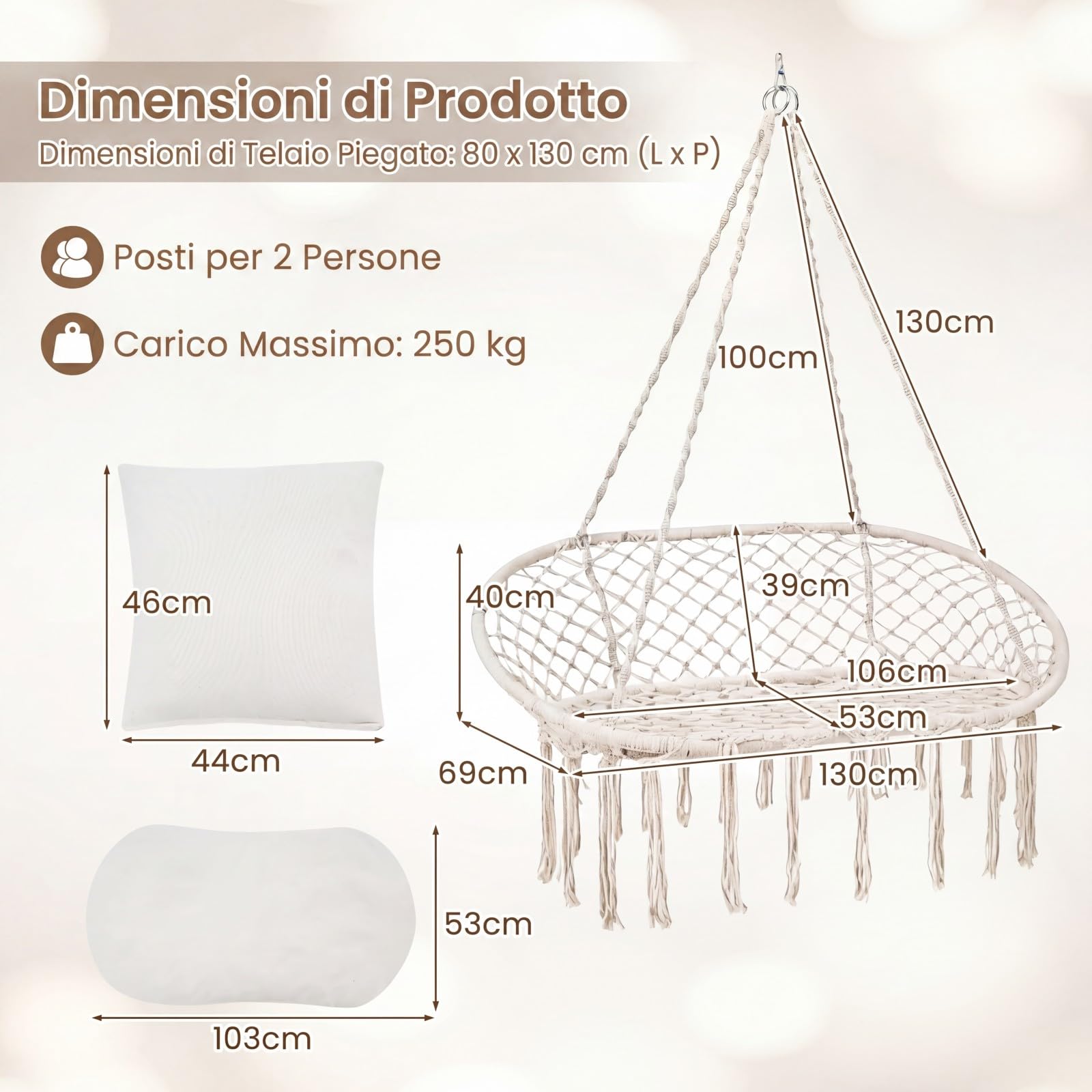 COSTWAY Sedia a Dondolo da Esterno ed Interno, Poltrona Sospesa Intrecciata a 2 Posti con Nappine in Stile Boho, 3 Morbidi Cuscini, Corde e Anelli, Portata 250 kg, per Balcone, Soggiorno e Giardino