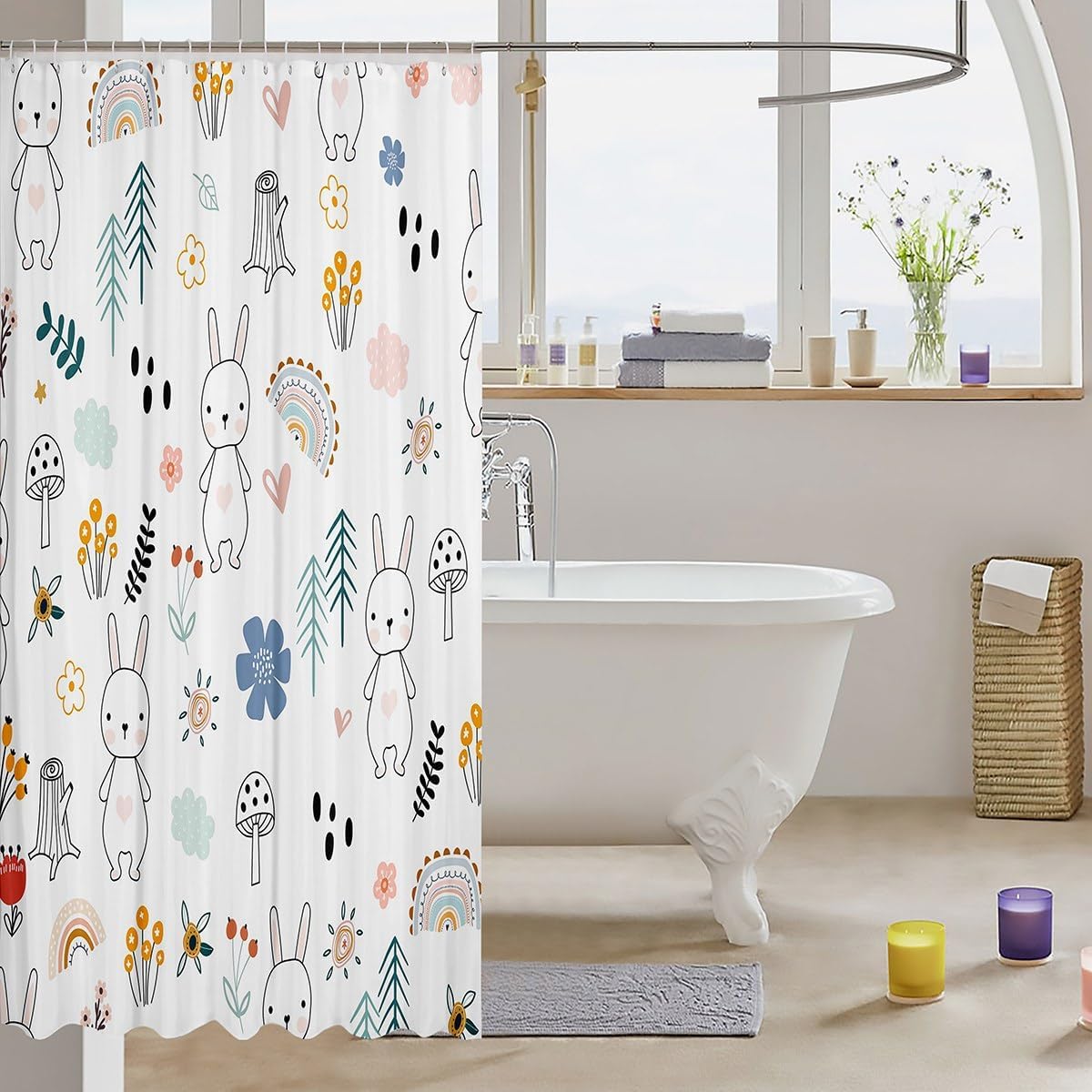 Cute Rabbit Shower Curtain,Cartoon Rainbow Bathroom Curtain,Colorful Flowers Leaves Mushroom Waterproof Curtain for Kids Boys Girls Room Decor Nature Animals Plant Bath Curtain,12 Hooks,72"Wx78"L