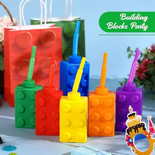 Miniatura 5 de Vasos de bloques de construcción de 10 onzas reutilizables para fiesta de ladrillo para niños, tazas de plástico para fiestas con tapas y pajitas