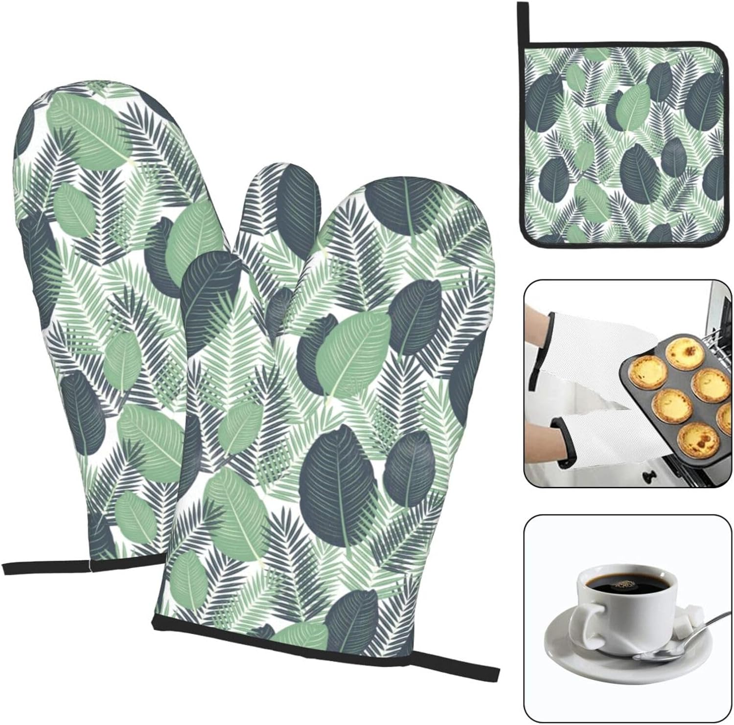 Green Tropical Leaves Print Heat Resistant Microwave Gloves, Used for Baking, Cooking, and Fashion Kitchen Essentials