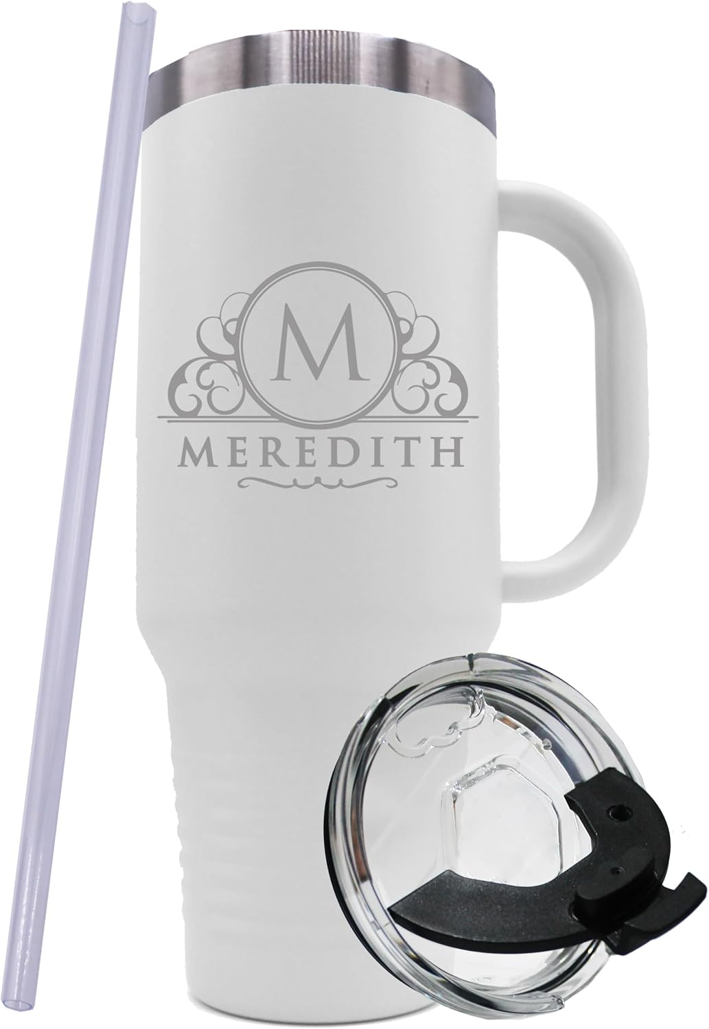 Custom Monogrammed 40 oz Tumbler with Handle, Lid and Straw - Personalized Insulated Stainless Steel Large Cup (White)