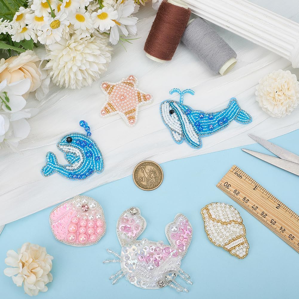 INFUNLY 6 Styles Sea Animals Beaded Patches Pearl Shell Crab Sew On Patches Starfish Dolphins Rhinestone Beaded Applique Shiny Embroidery Patch for Clothes Dress Hat Backpacks Shoes DIY Projects