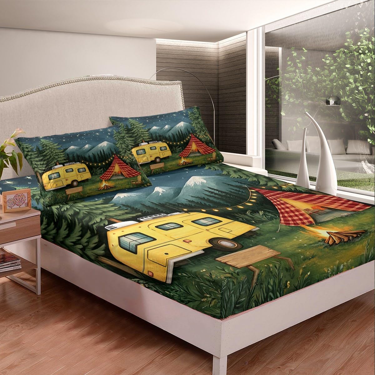 jejeloiu Happy Camping Bed Sheets Set Full Size Kids RV Camping Tree Fitted Sheet with Deep Pocket for Boys Girls Teens Car Tent Campfire Bedding Set Breathable Starry Night Sky Bedroom Decor