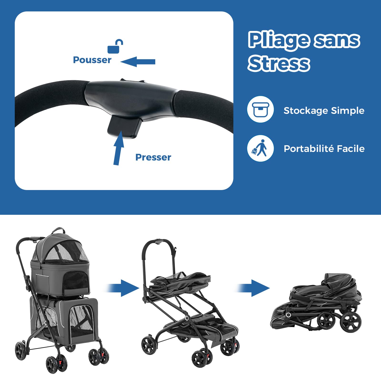 GYMAX Poussette Chien Chat 2 Couches Détachable, Transporteur et Siège Auto 3-en-1 pour Animaux de Companie, Auvent Réglable, Coussin Amovible, Poche de Rangement, Cadre en Métal Pliable (Gris)