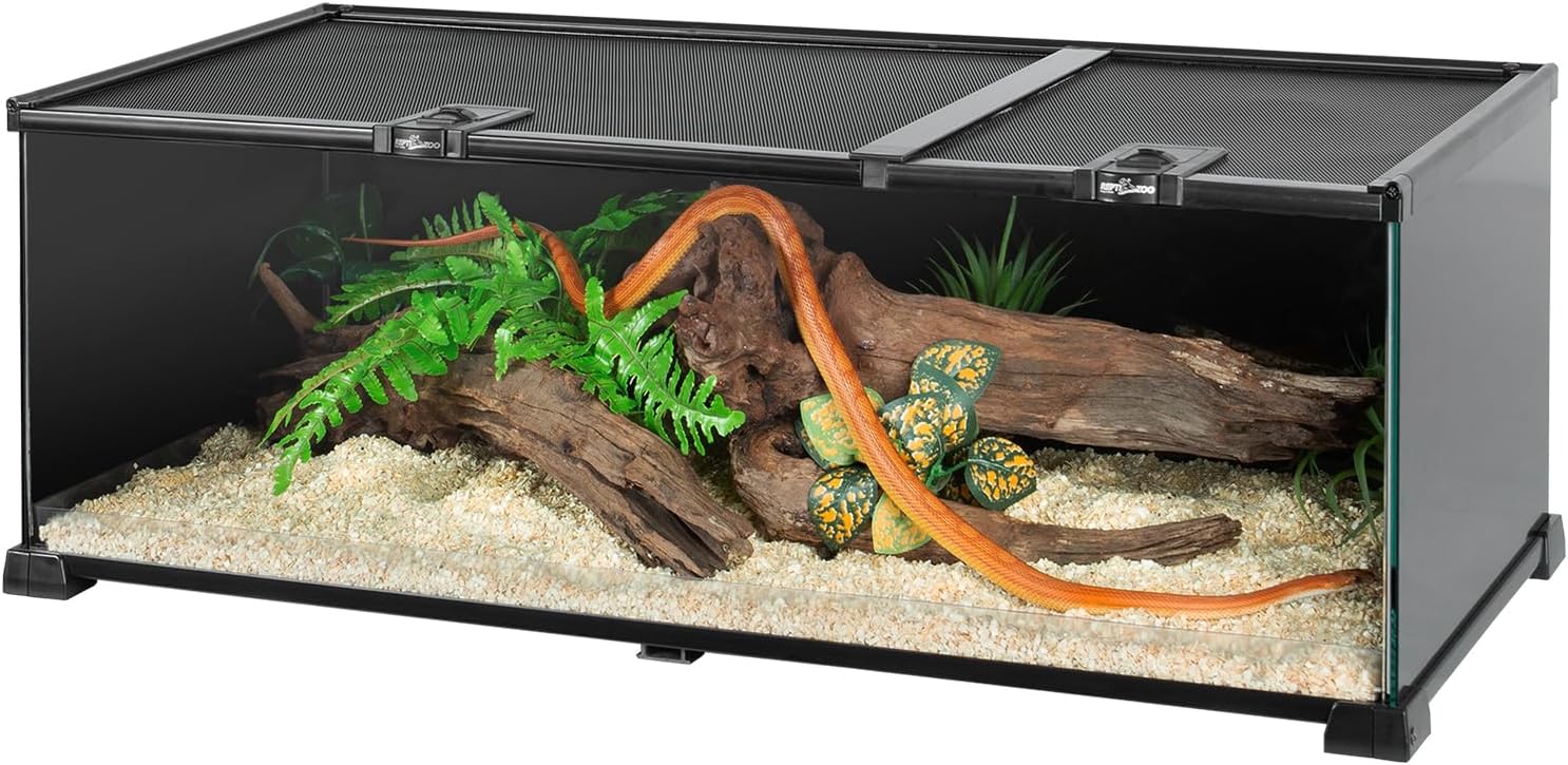REPTIZOO Reptile Terrarium Tank 30″ x 12″ x 10″, Black-Tinted Glass Snake Tank with Top Feeding Ports Top Screen Ventilation Reptile Habitat for Snake Spider