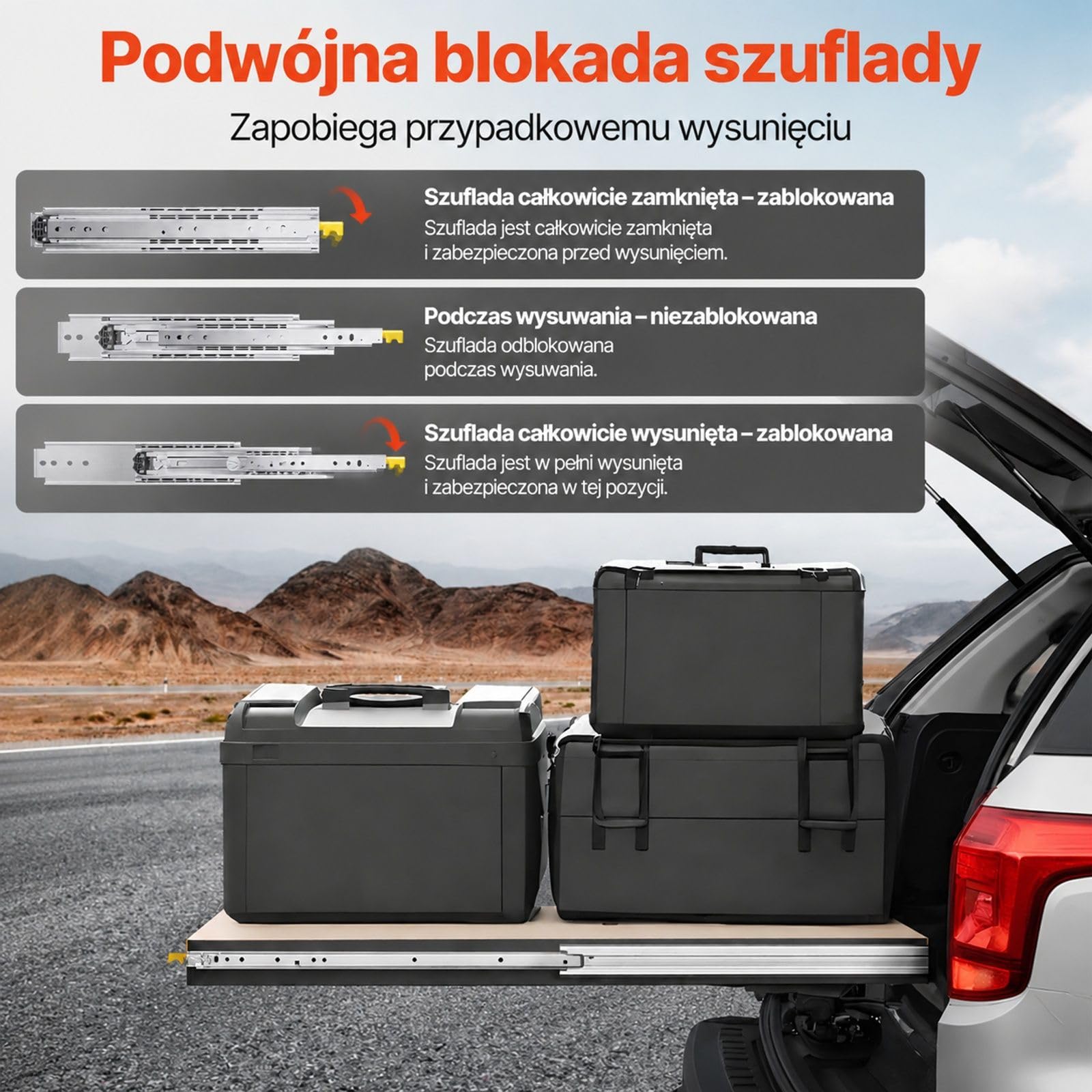 1 para prowadnic do szuflad z pełnym wysuwem, łożyskami kulkowymi i blokadą, do montażu bocznego w szafkach oraz szufladach przemysłowych
