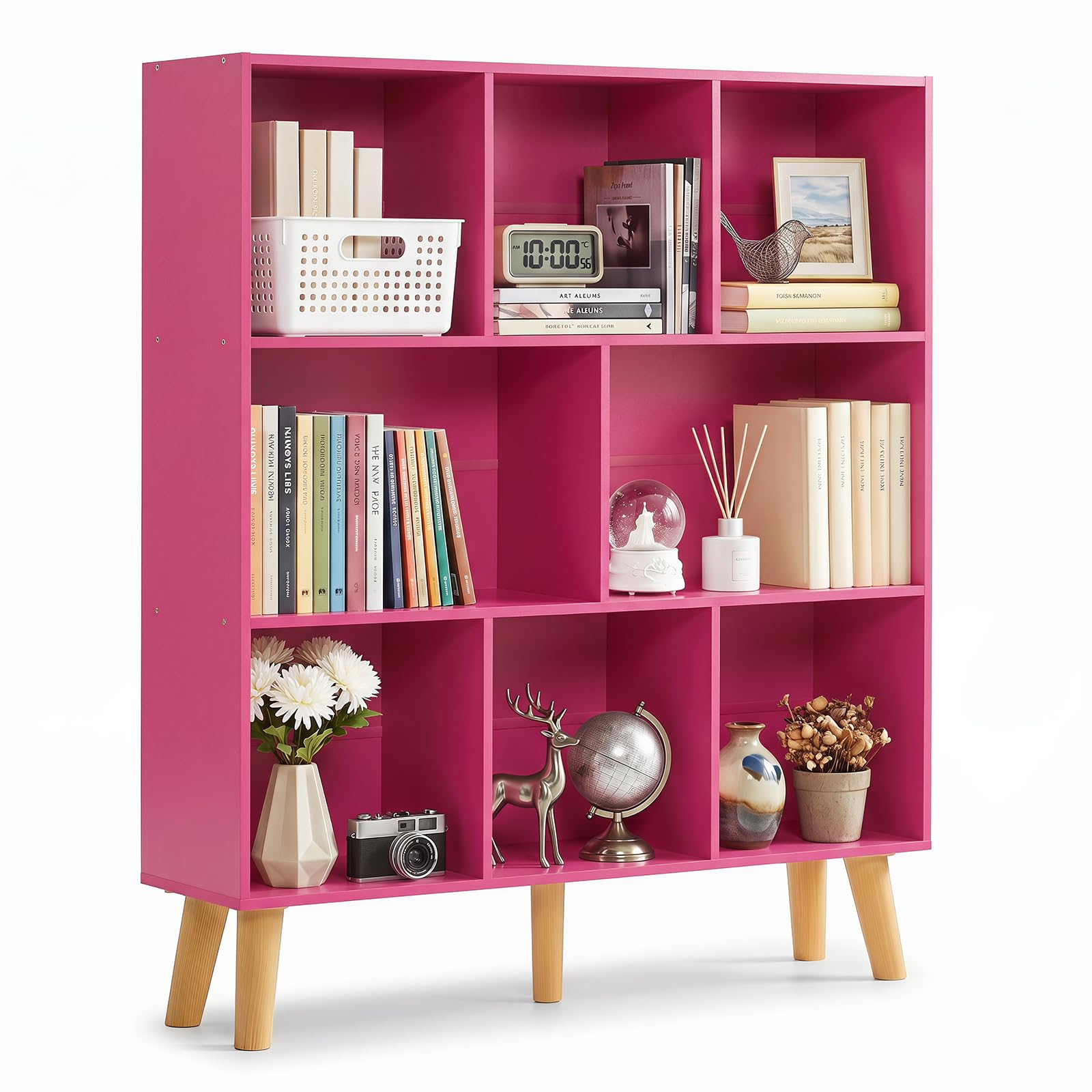 YAHARBO 8 Cube Bookshelf,3 Tier Bookcase with Legs,Pink Mid-Century Modern Bookshelves,Large Free Standing Open Storage Organizer Shelf,Tall Wooden Book Case Furniture for Bedroom,Living Room,Office