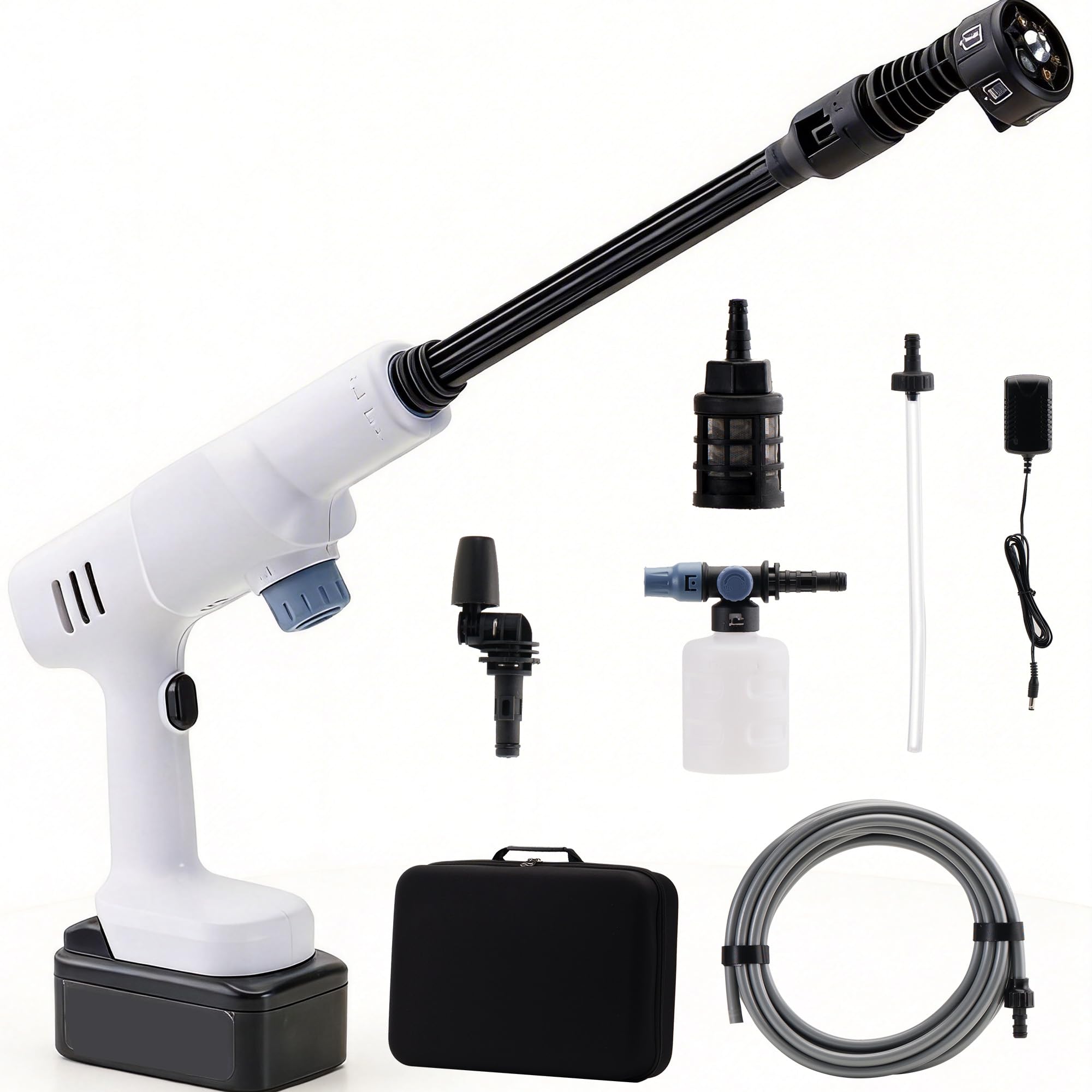 hidrolimpiadora de Alta presion portátil: Flujo Máx 5L/min y Presión 140bar Batería IPX7 21V 4.0Ah 60 Minutos Autonomía 6 en 1 con Giro 360° | Limpieza Eficiente para Coche Jardín Exterior