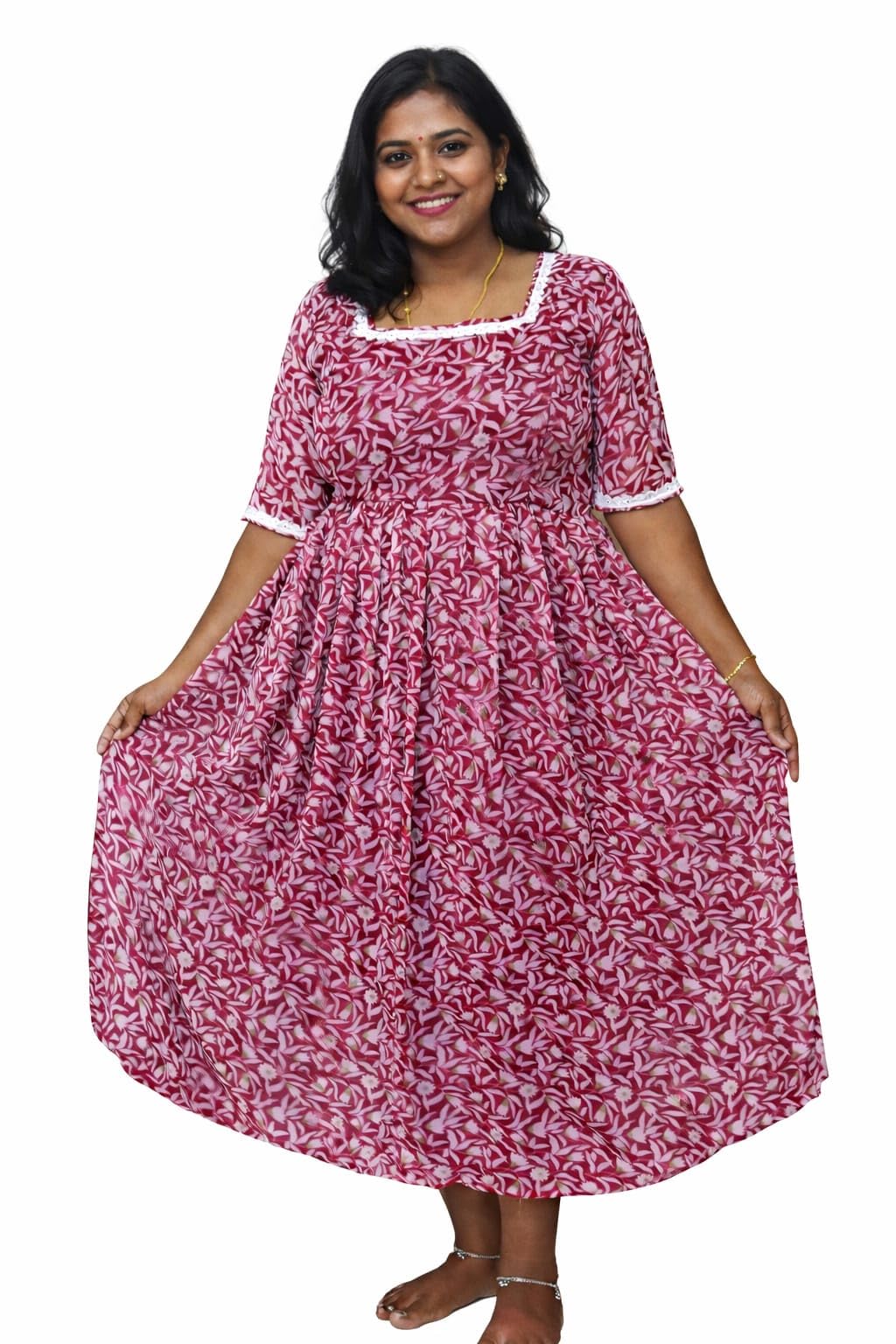 Feeding Maxi Dress with Invisible Side Zip, Pink Printed Maxi Type Kurti-image-15