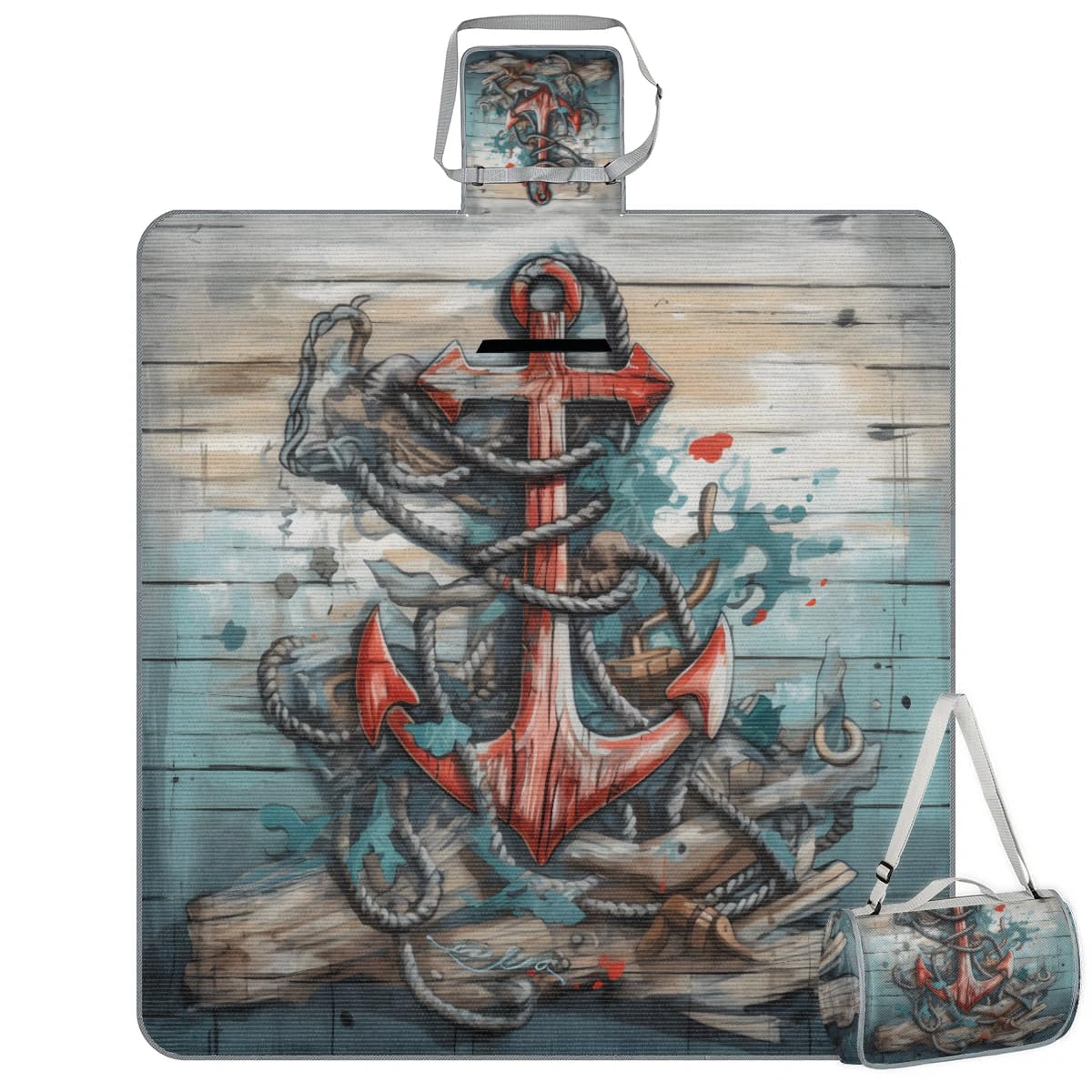 Manta de picnic de 150 x 145 cm, diseño vintage de ancla azul marino, plegable, manta de playa para exteriores, impermeable, para playa, camping, senderismo, picnic
